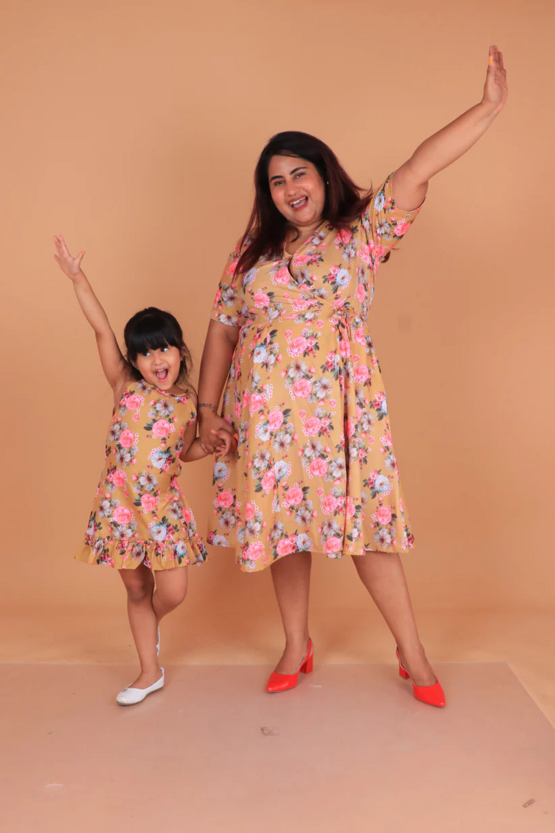 Yellow Floral Dress and Frock Twinning Set