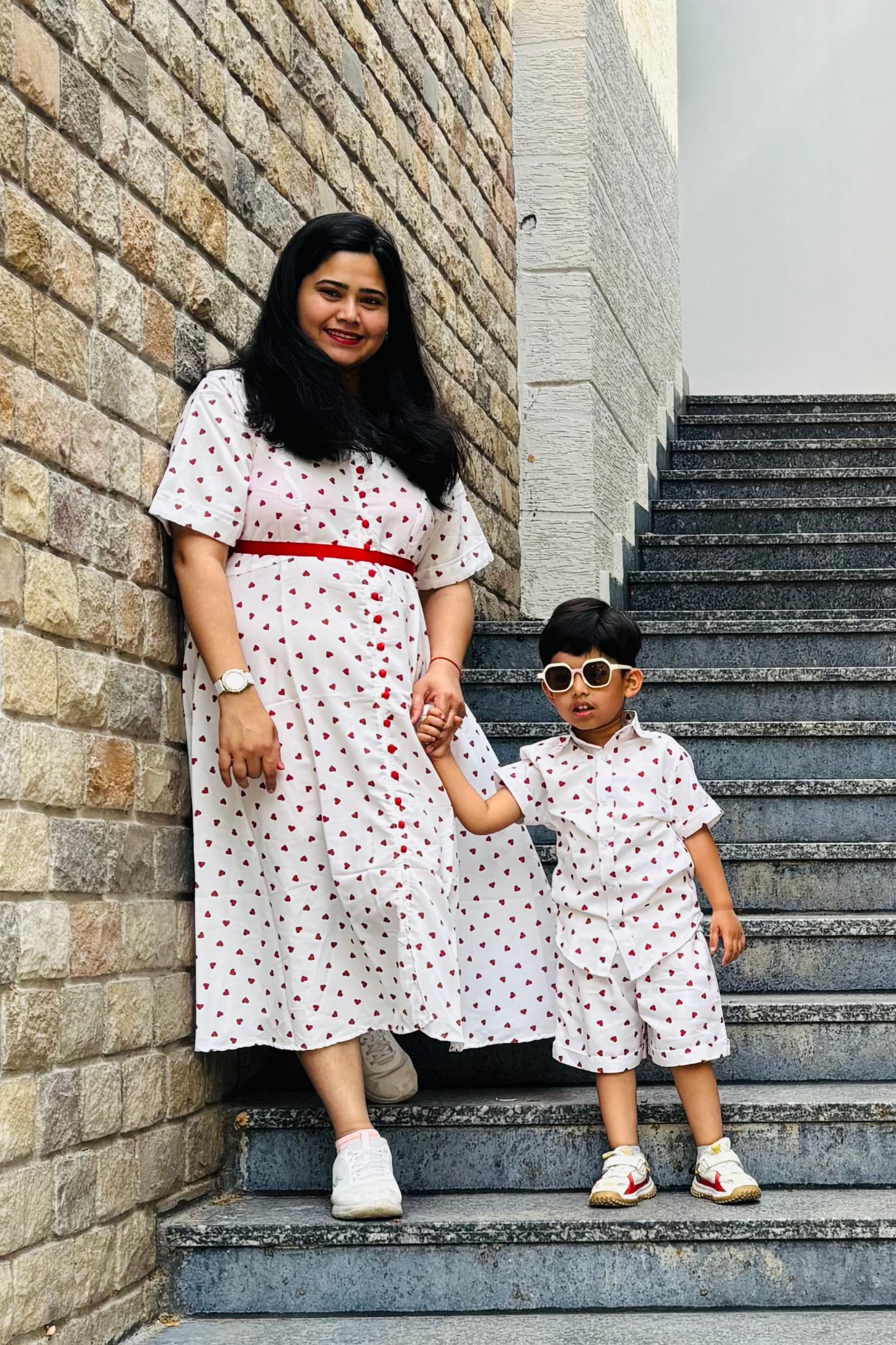 Red Heart Print Mother Son Combo