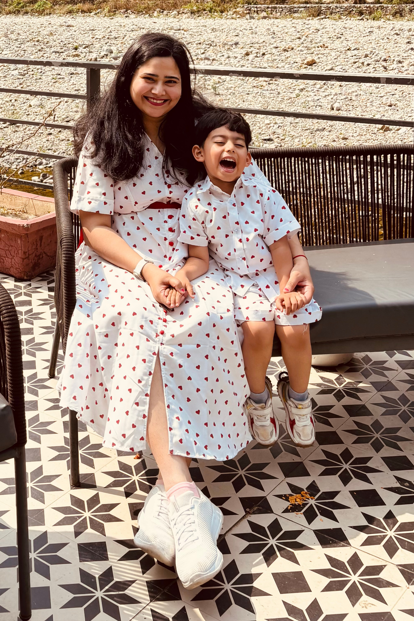 Red Heart Print Mother Son Combo