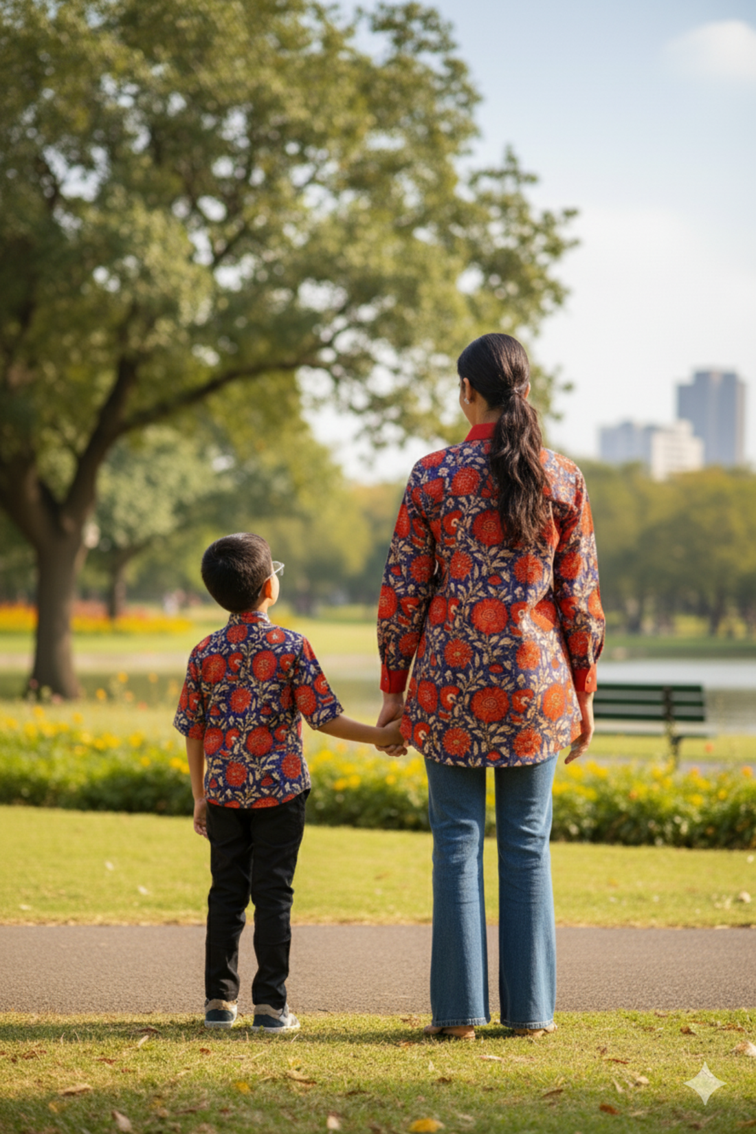 Red and Blue Floral Shirt Twinning Set