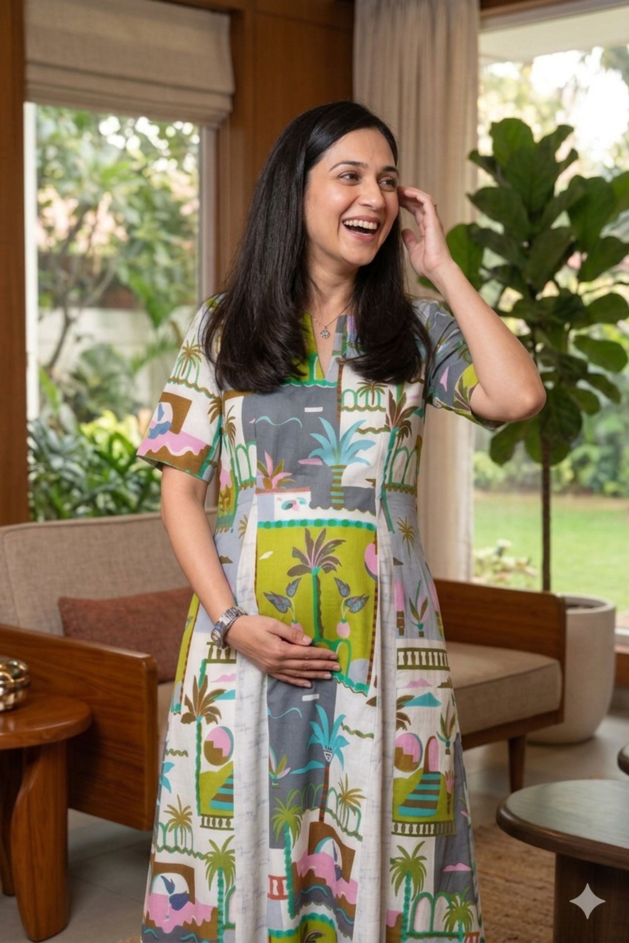 Green Tropical Print Maternity Dress