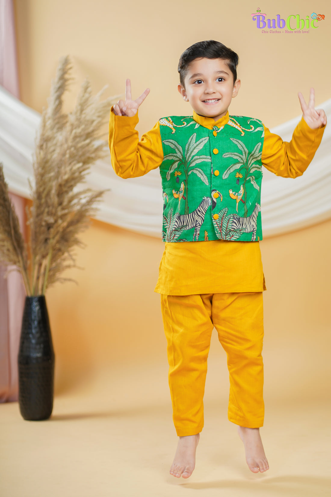 Mustard Kurta Pajama with Green Animal Print Jacket