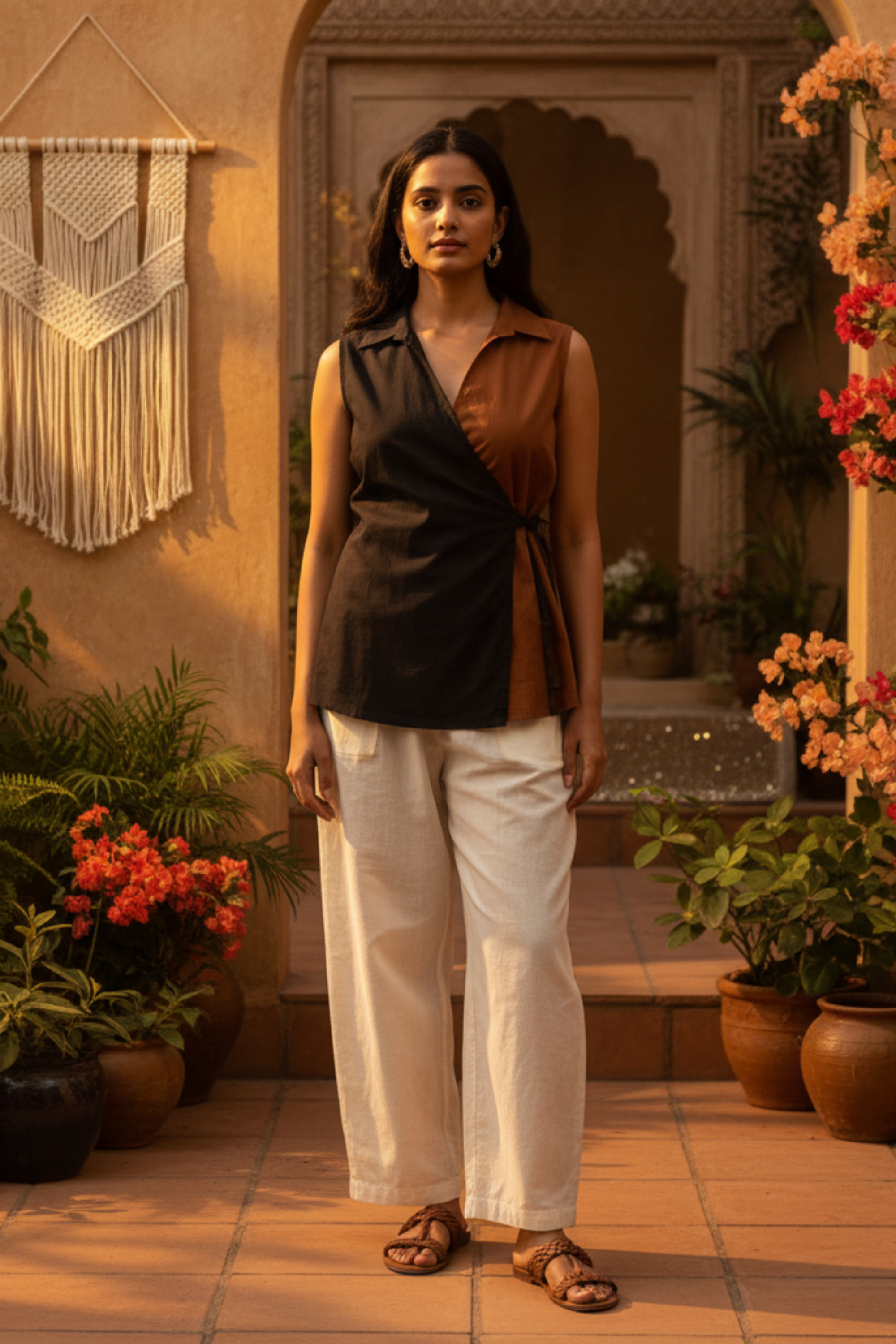 Black & Brown Poplin Wrap Top