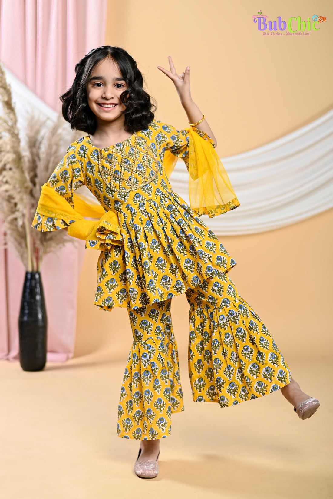 Yellow booti printed kurta and sharara
