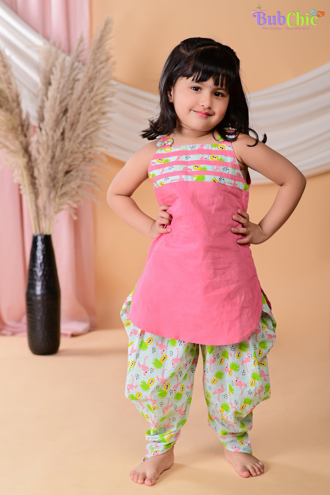 Pink Kurta with Flamingo print dhoti