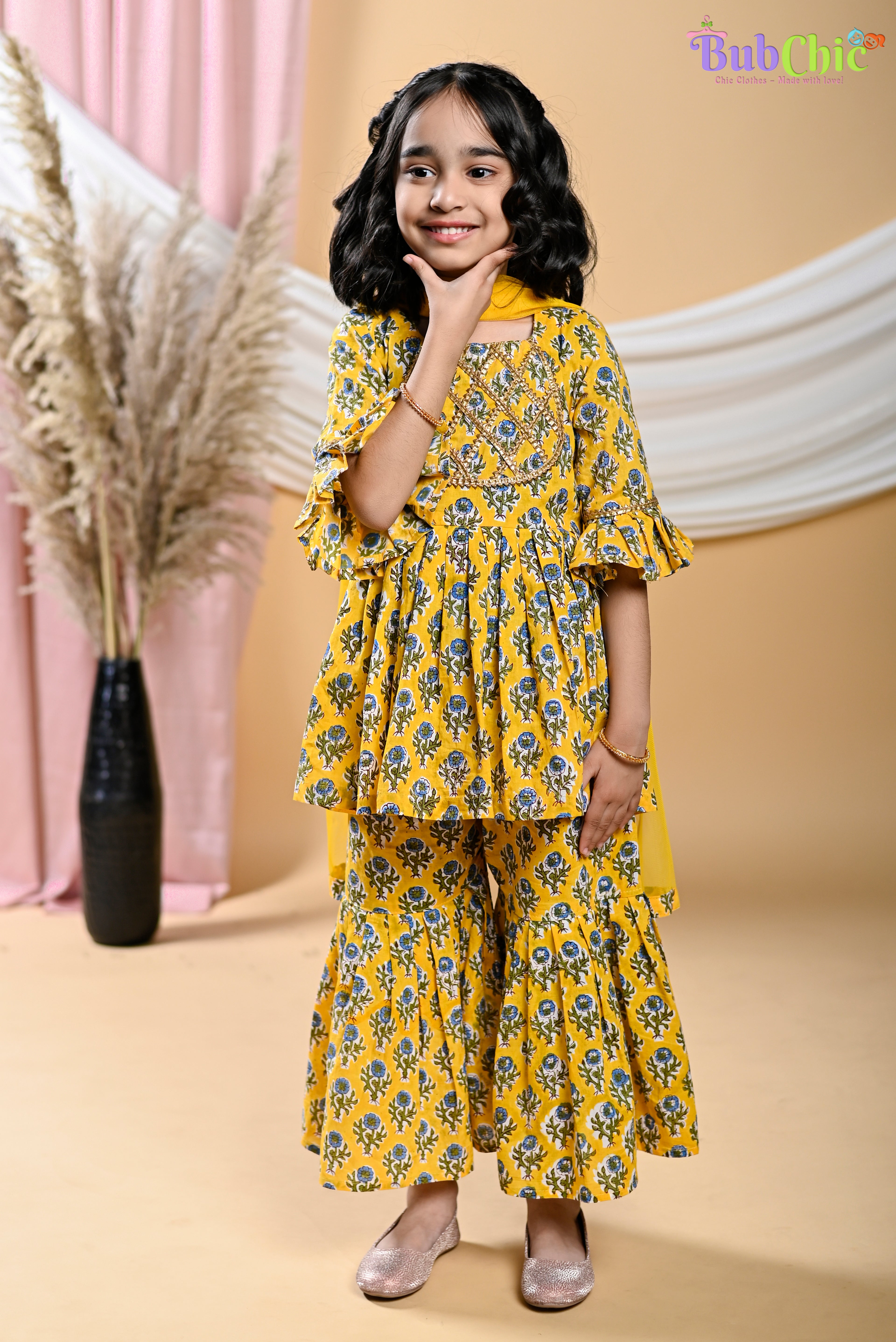 Yellow booti printed kurta and sharara