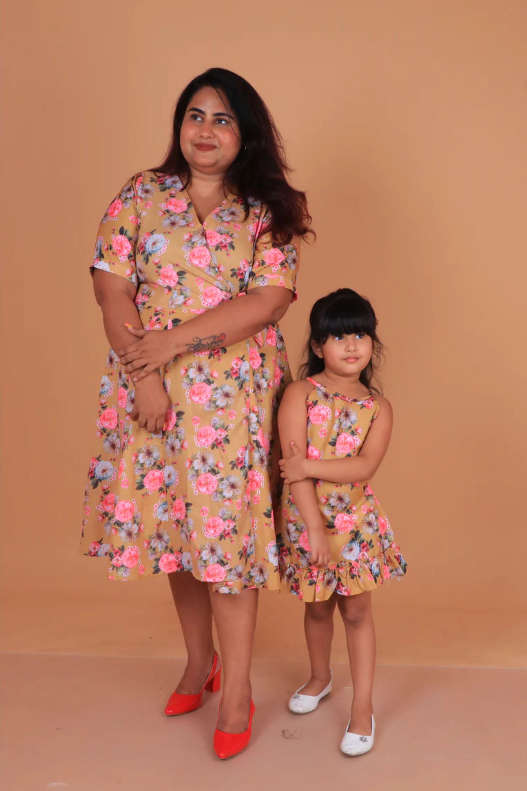 Yellow Floral Dress and Frock Twinning Set