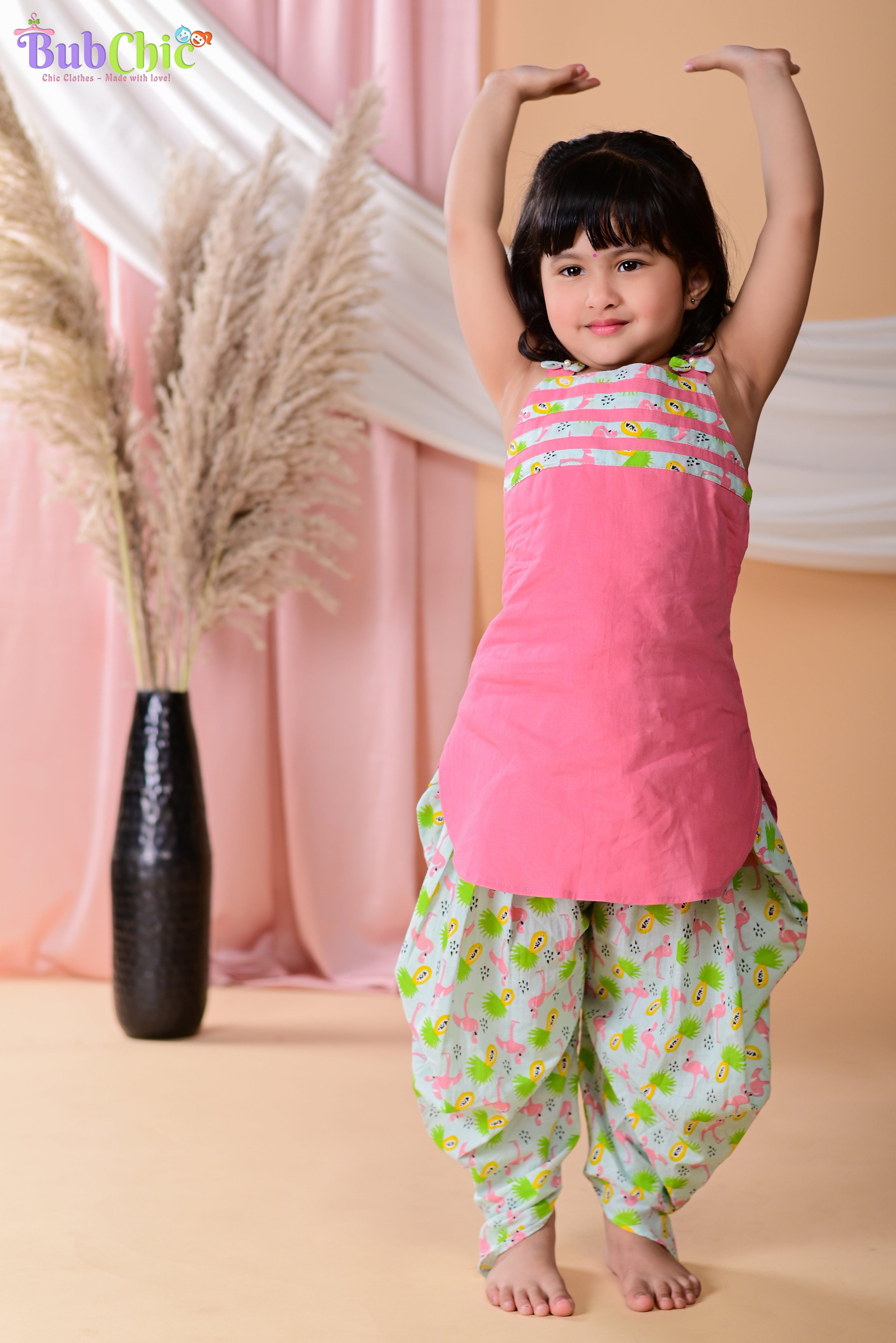 Pink Kurta with Flamingo print dhoti