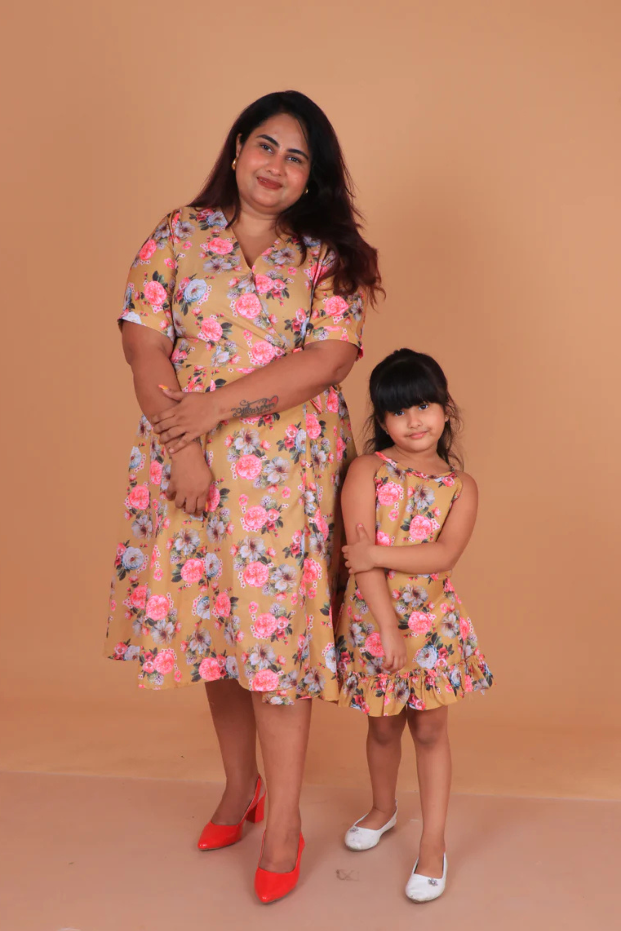 Yellow Floral Dress and Frock Twinning Set