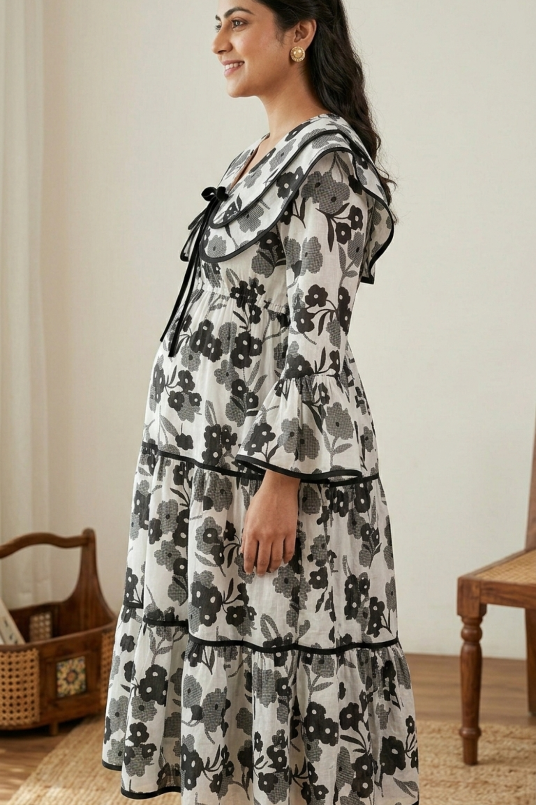 The Monochrome Floral Tiered Maternity Dress