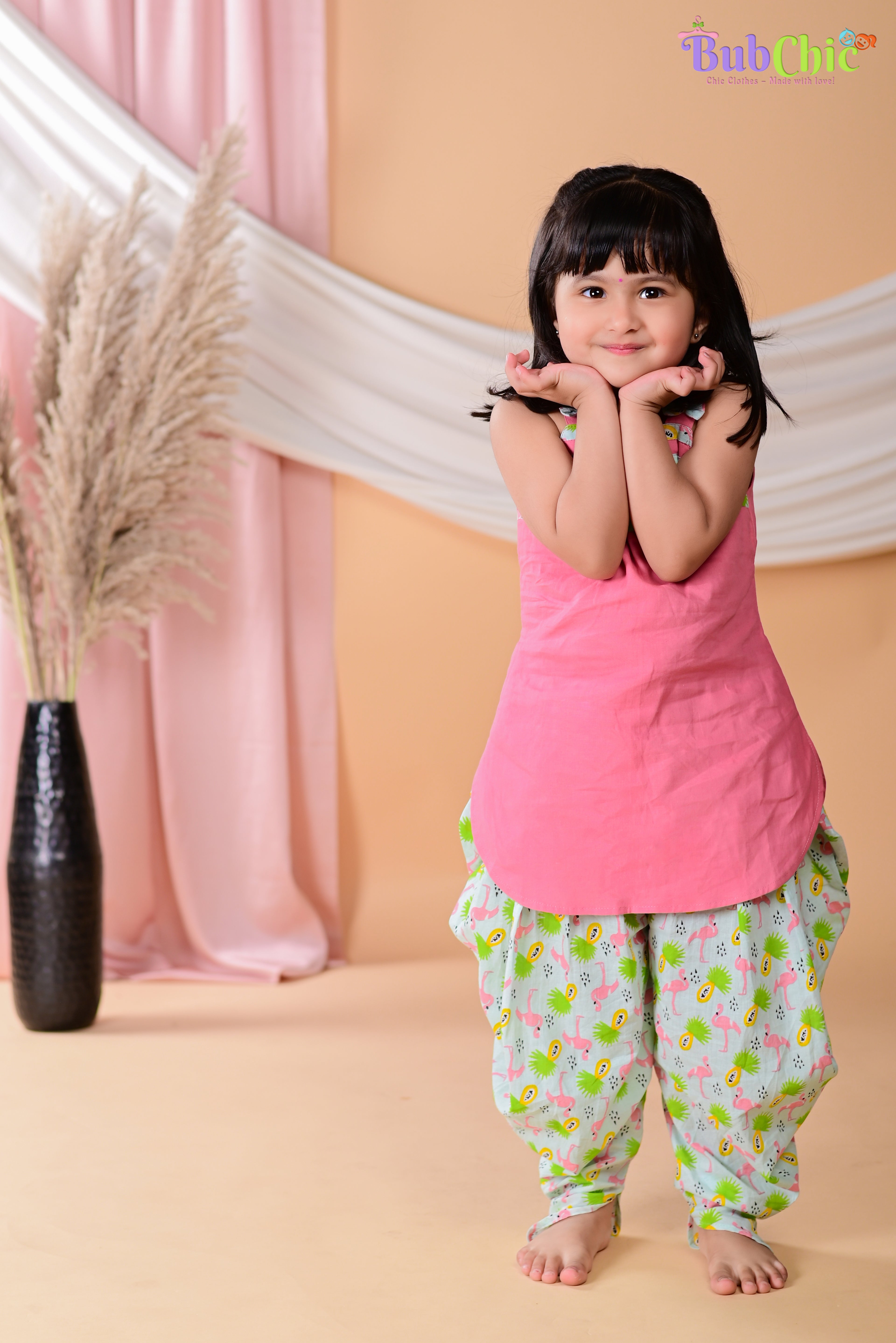 Pink Kurta with Flamingo print dhoti