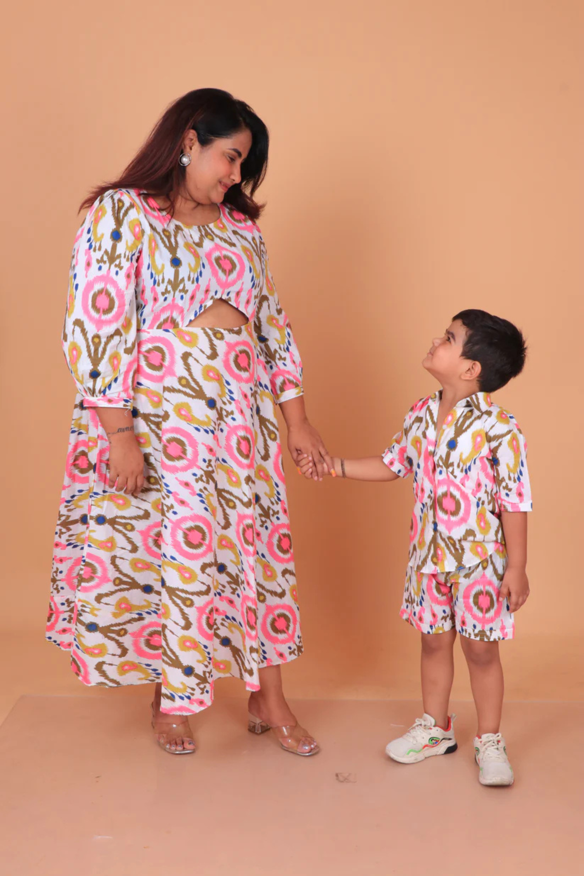 White Pink Ikhat Mother Son Twinning Set