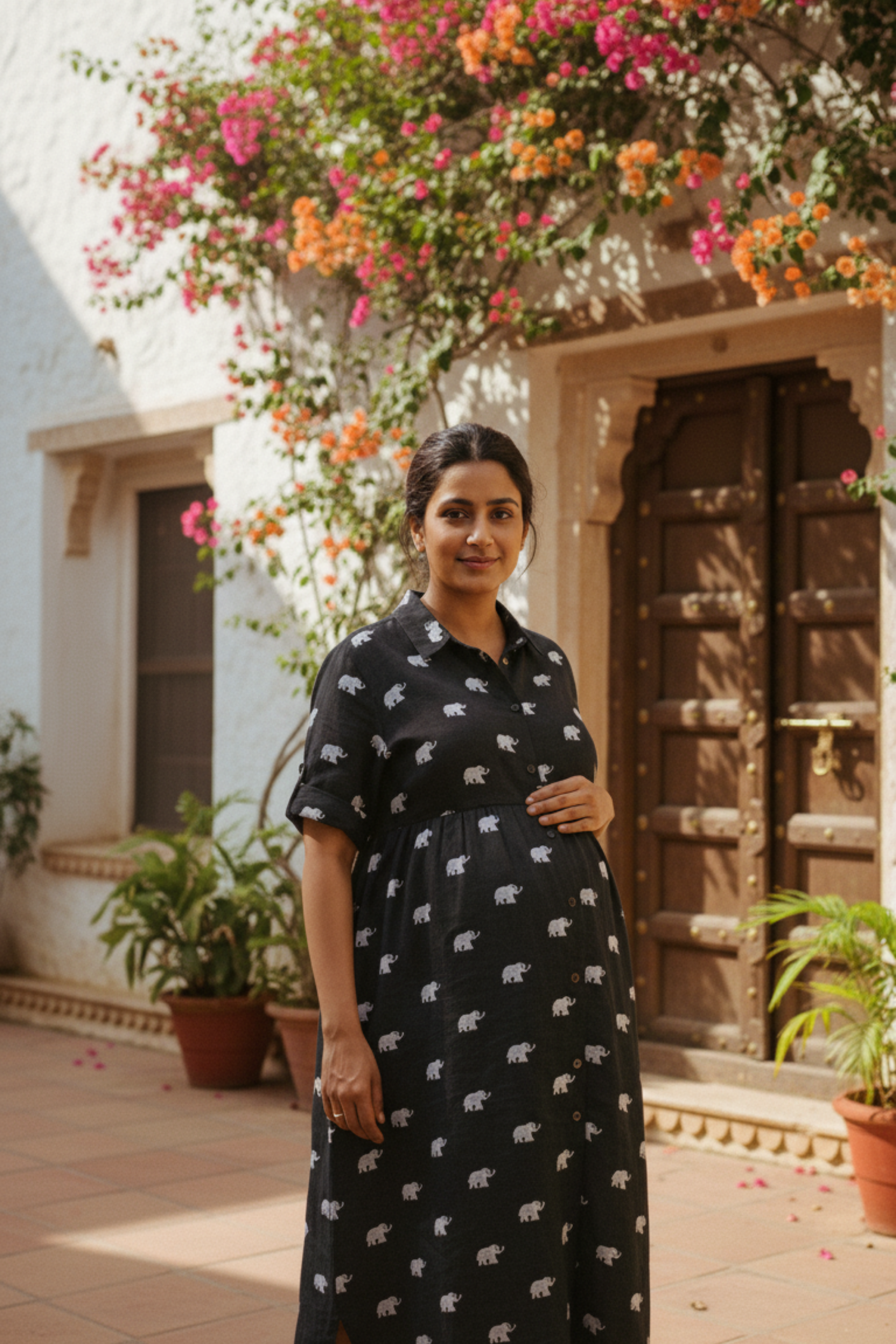 Black Elephant Print Maternity Dress