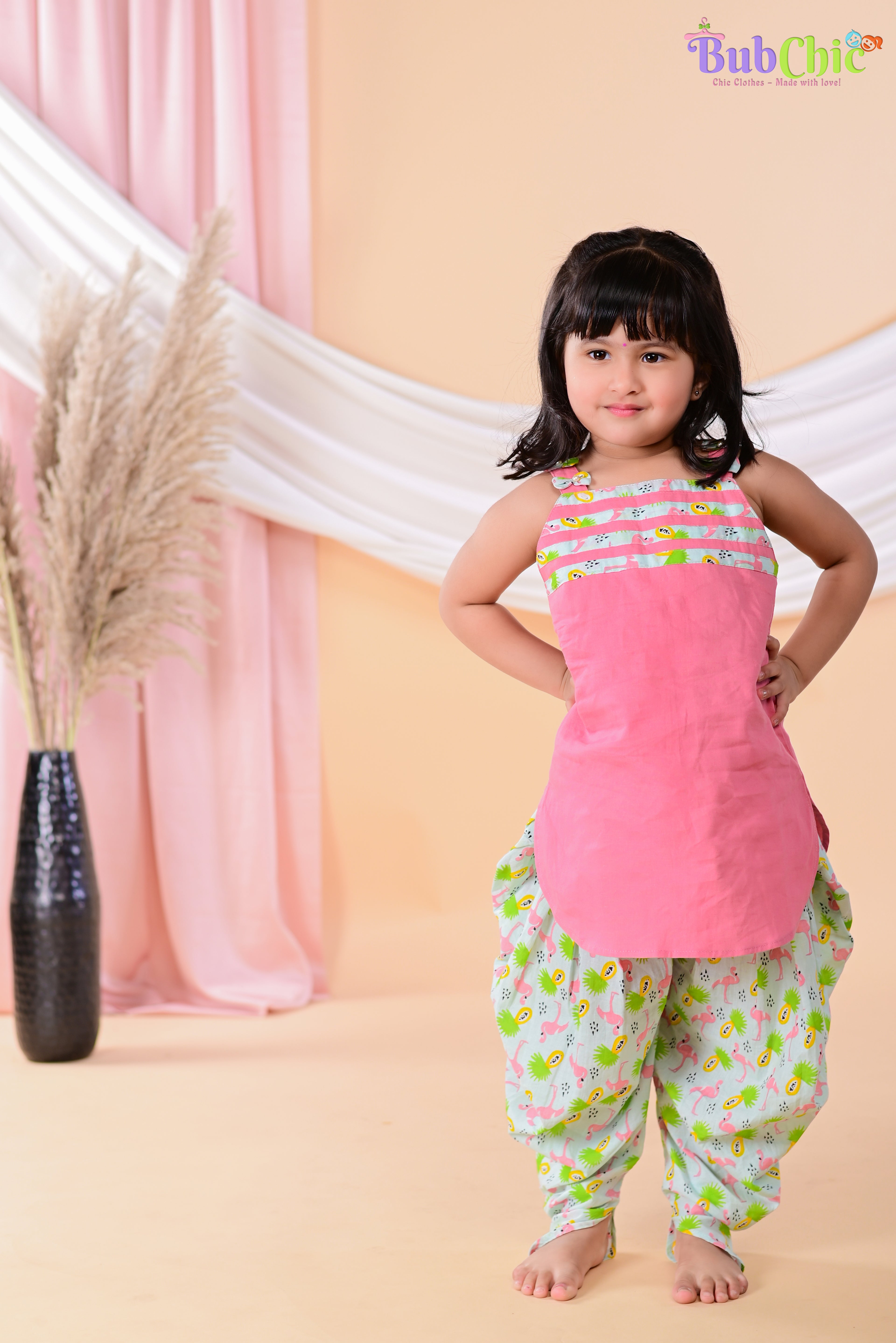 Pink Kurta with Flamingo print dhoti