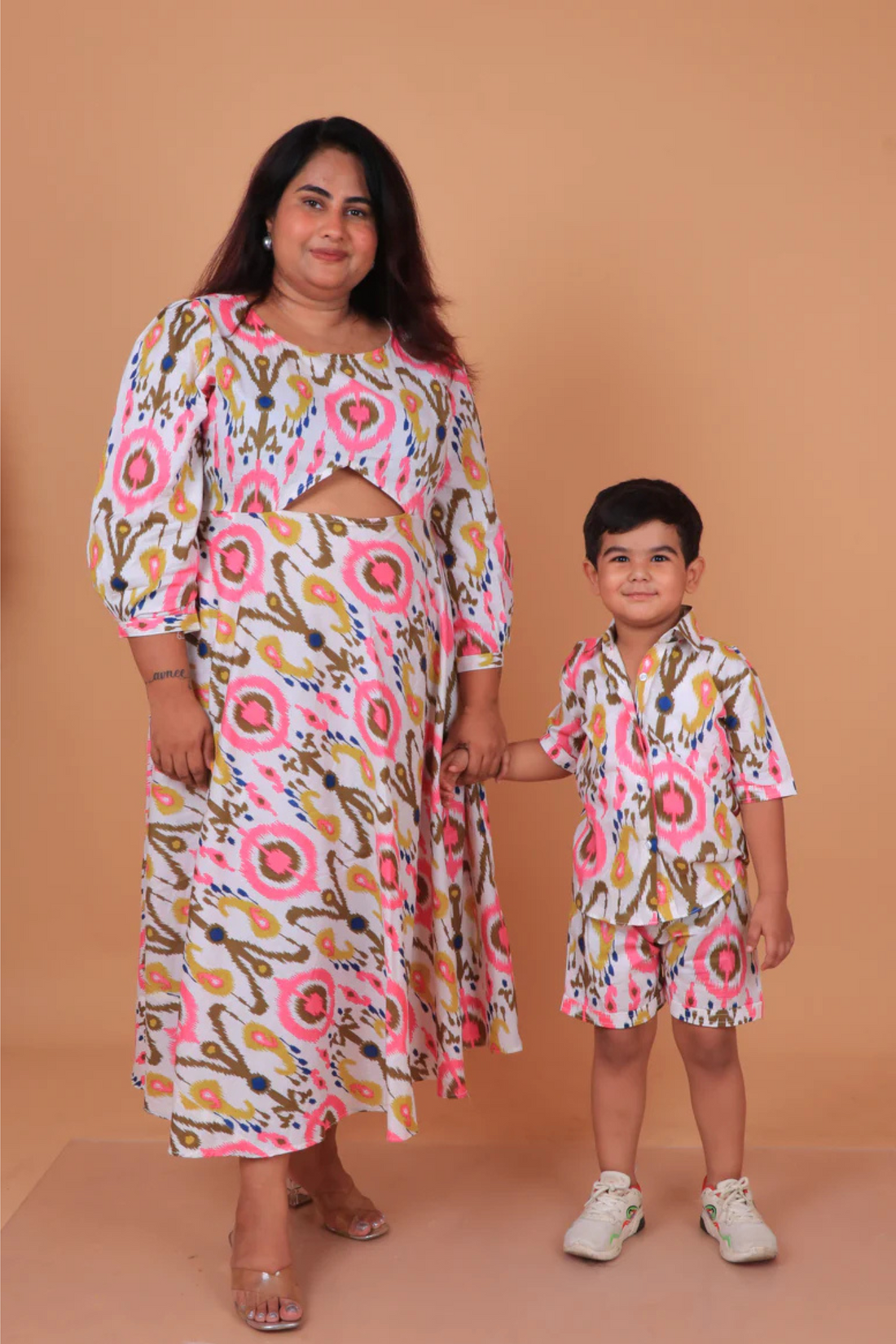 White Pink Ikhat Mother Son Twinning Set