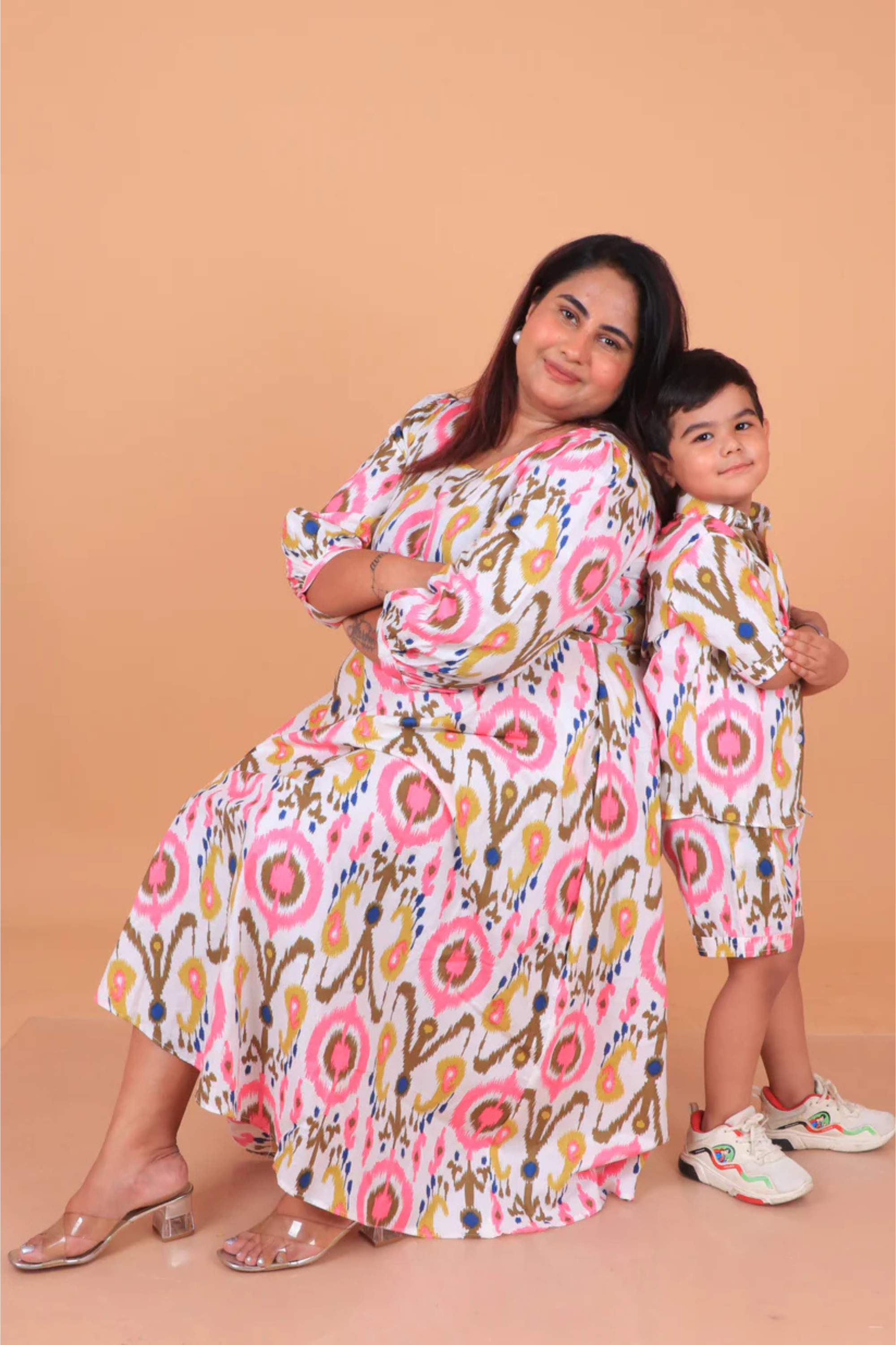 White Pink Ikhat Mother Son Twinning Set