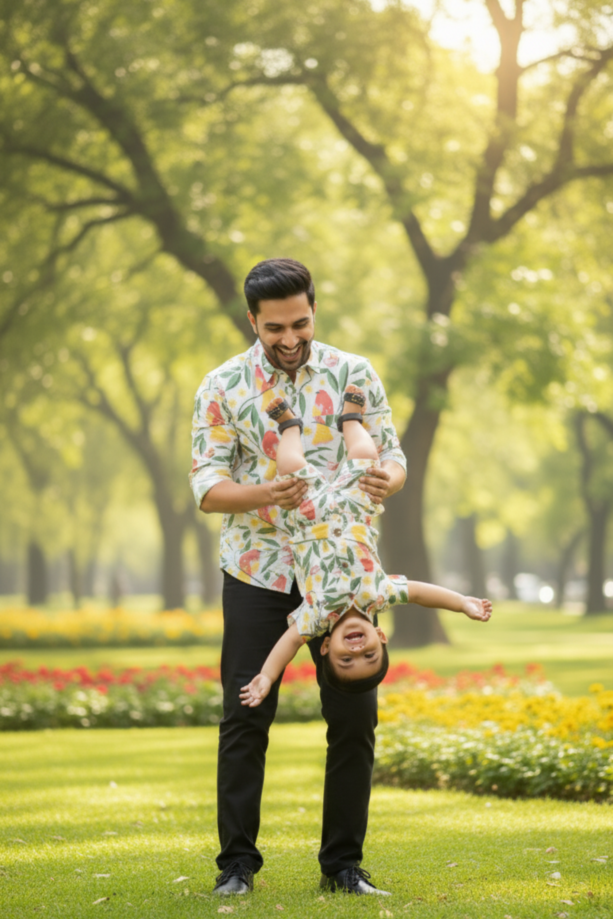 Red Bird Print Father Son Twinning Set