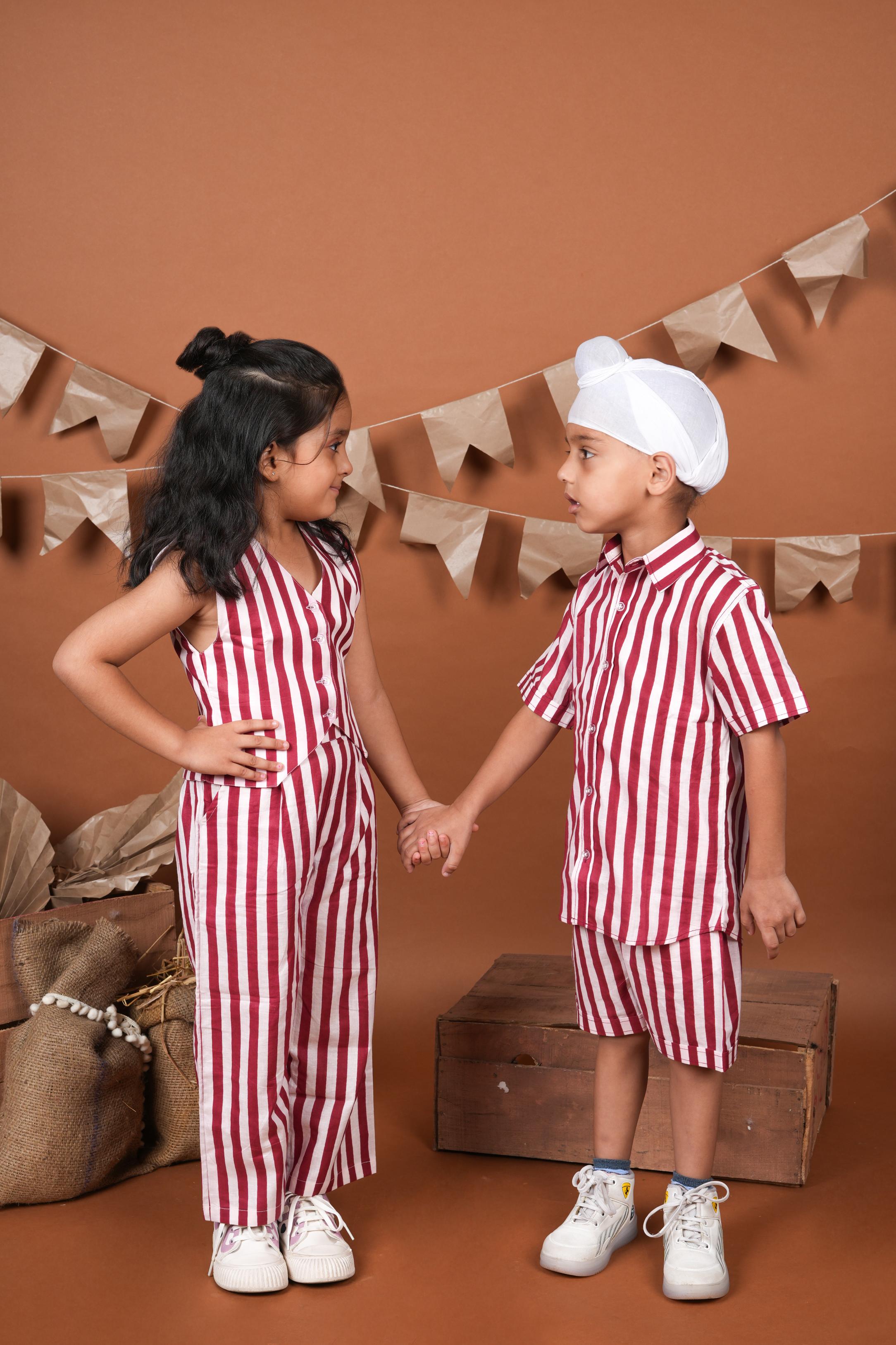 Red White Stripes Brother Sister Combo Set