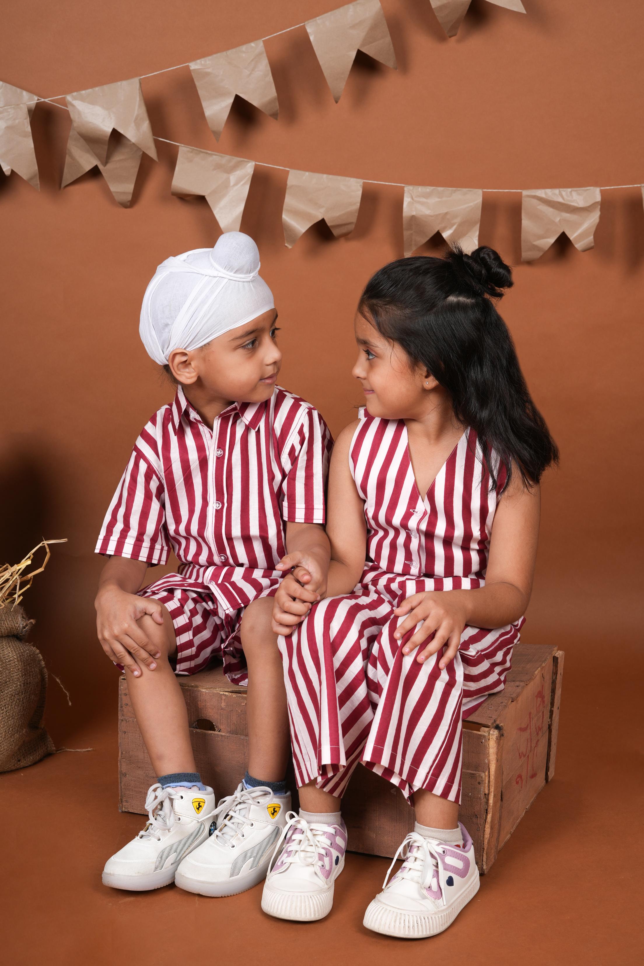 Red White Stripes Brother Sister Combo Set