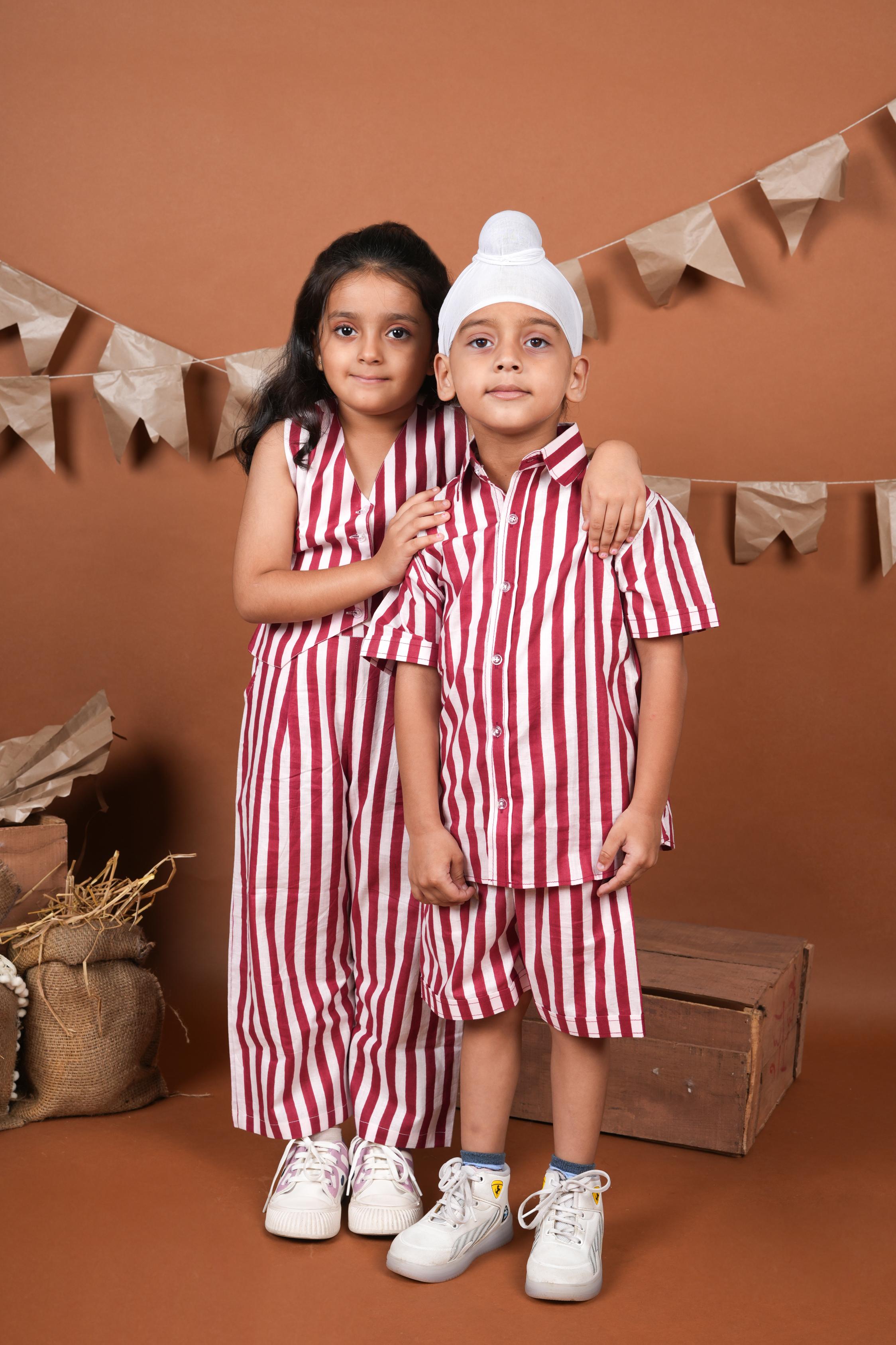 Red White Stripes Brother Sister Combo Set