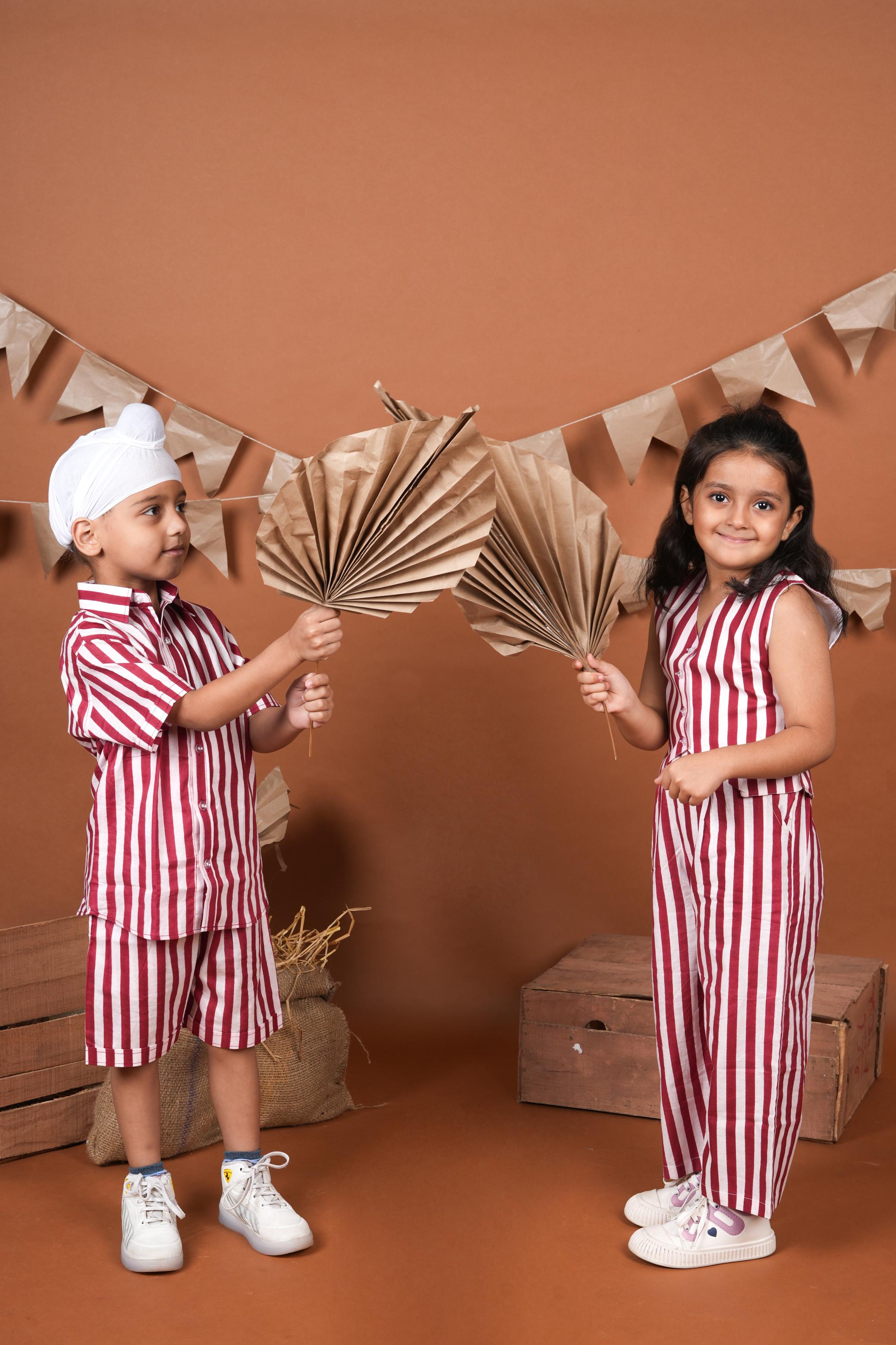 Red White Stripes Brother Sister Combo Set