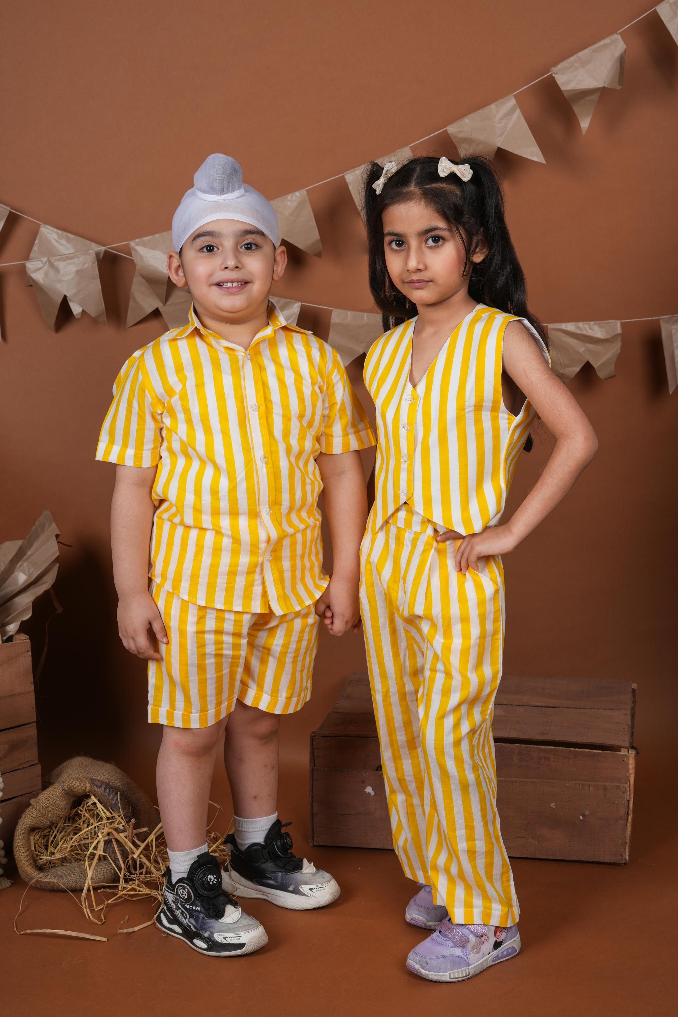 Yellow White Stripes Brother Sister Combo