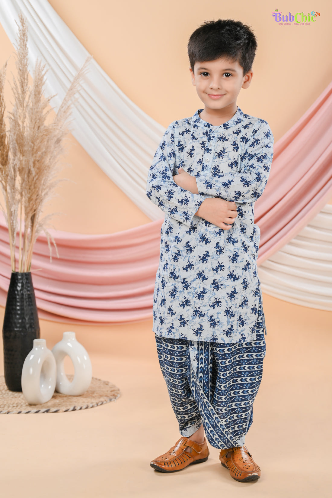 White printed Kurta with Blue Dhoti