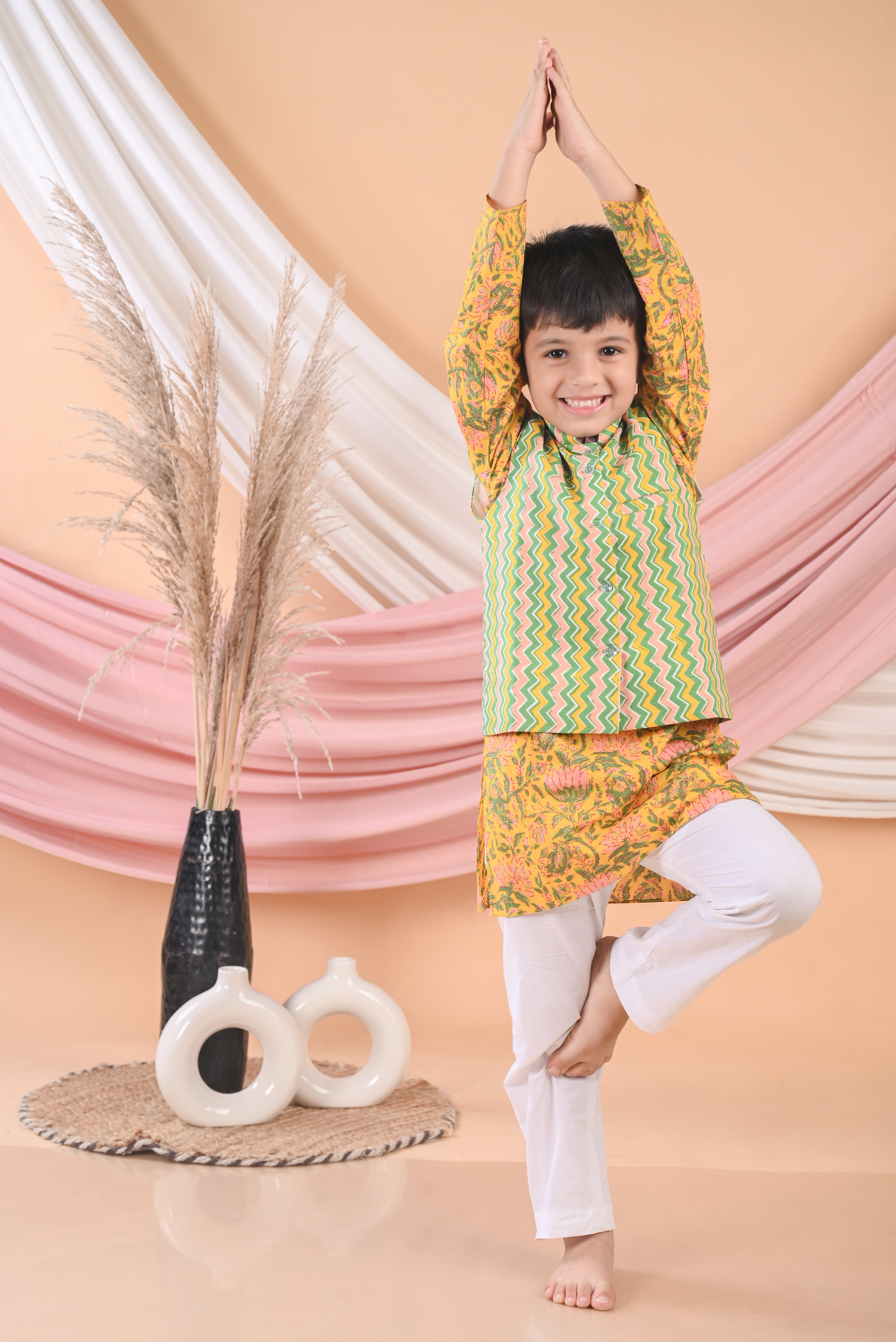 Yellow Floral Kurta with Striped Jacket and Pajama