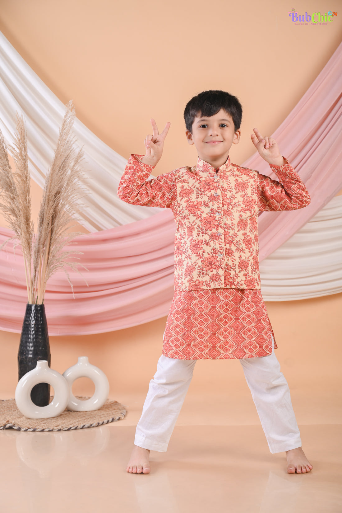 Rust Floral Jacket with Printed Kurta and Pajama