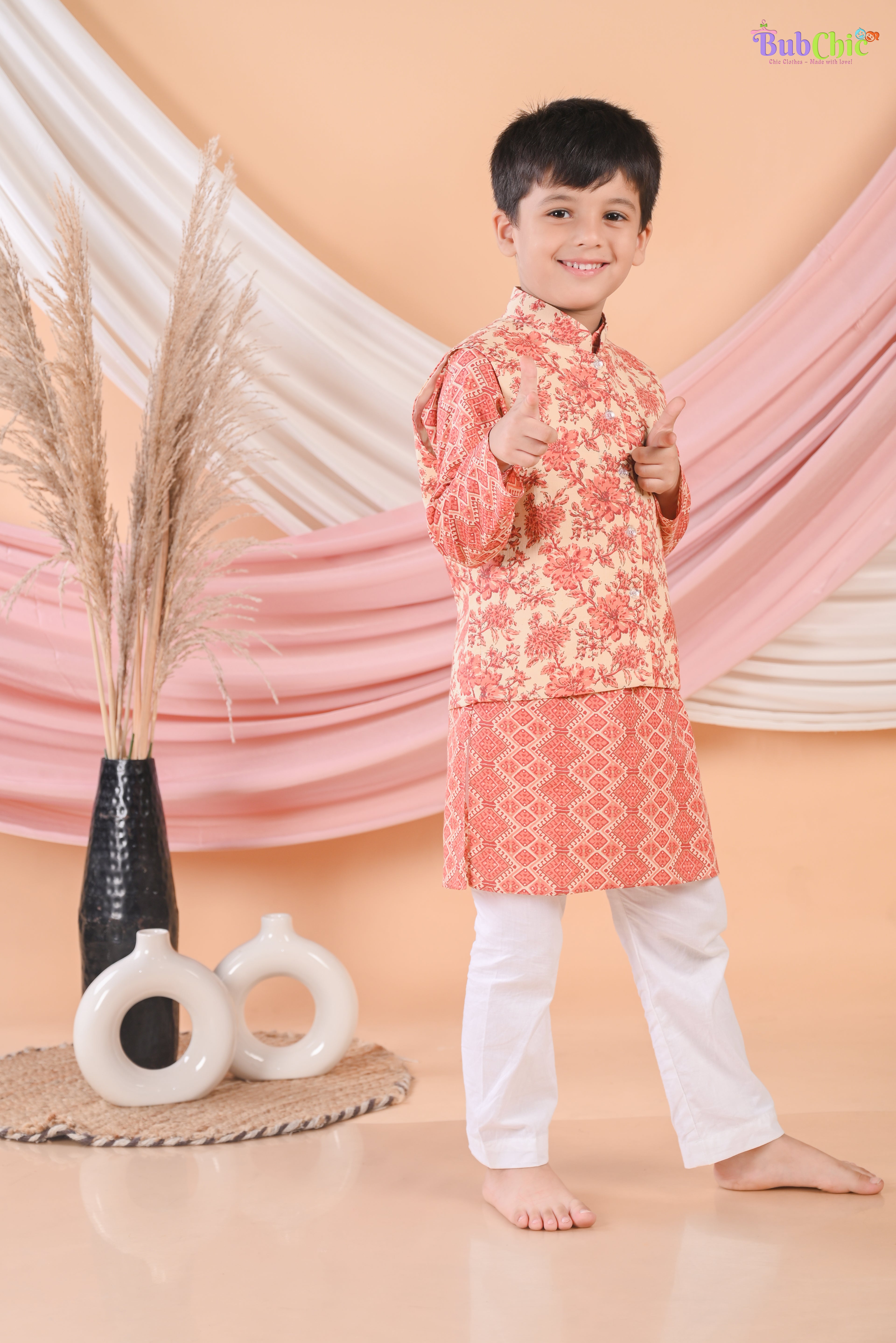 Rust Floral Jacket with Printed Kurta and Pajama