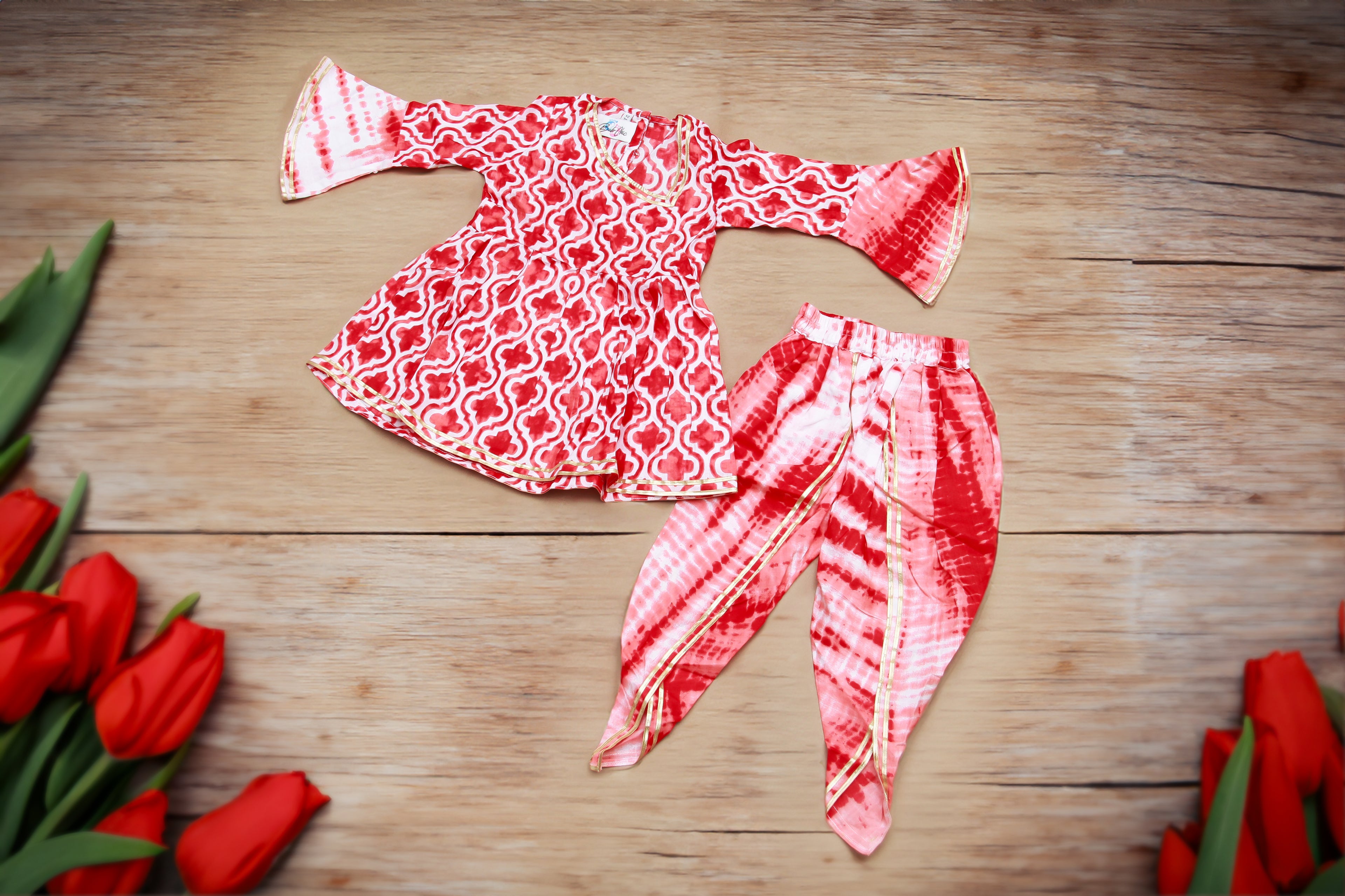 Red Printed Kurta with Tie n Dye Dhoti