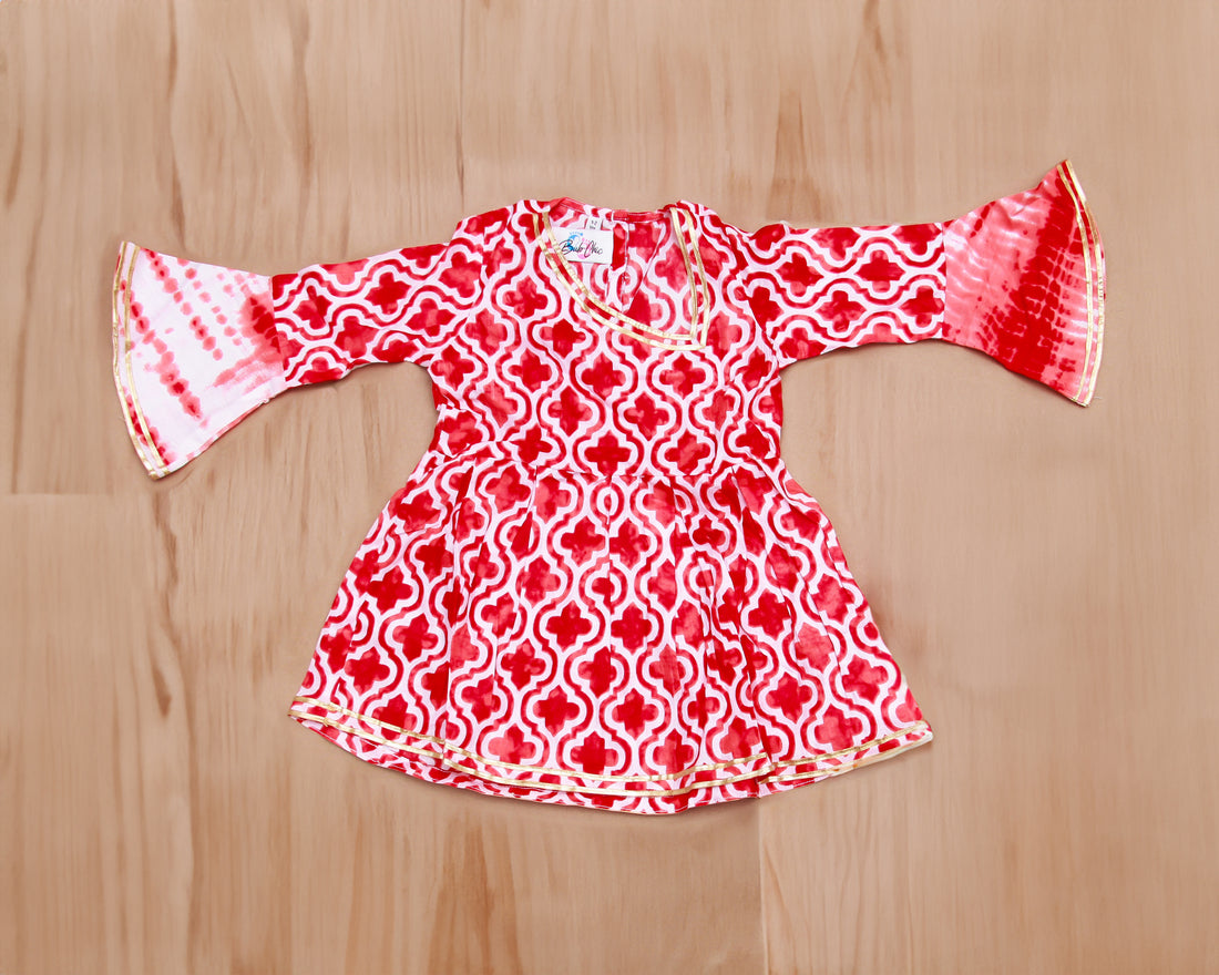 Red Printed Kurta with Tie n Dye Dhoti