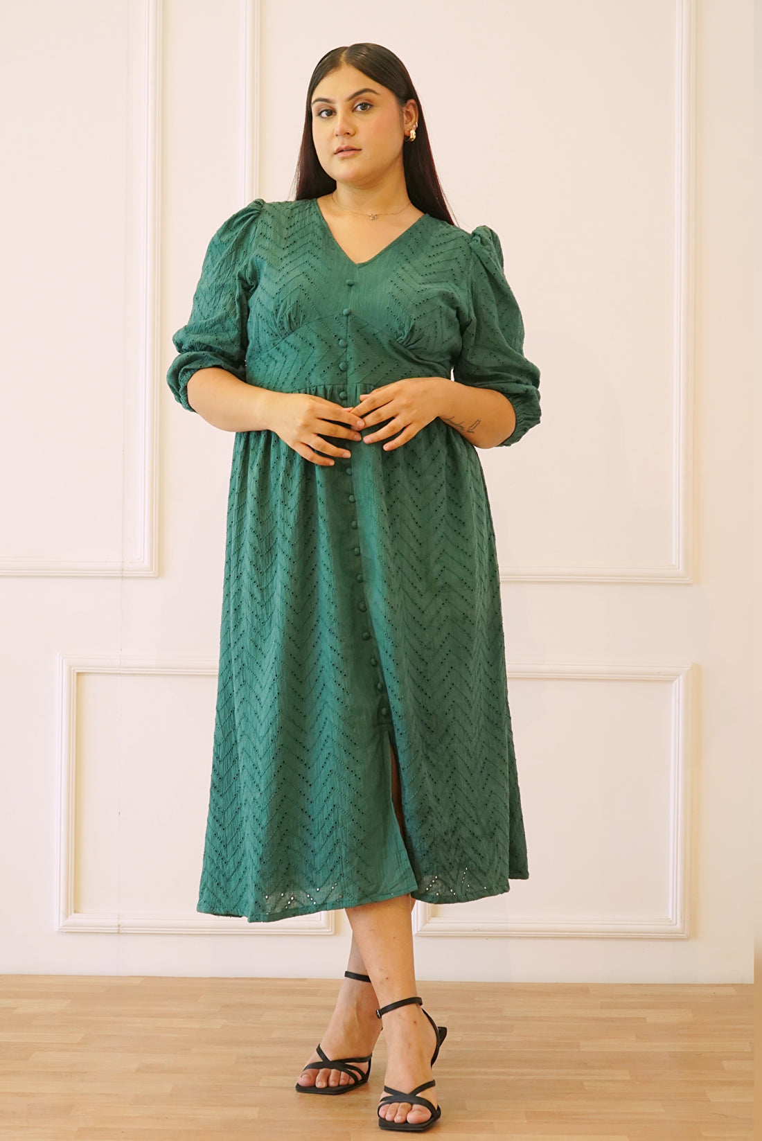 Green Shiffli front slit Dress for Women