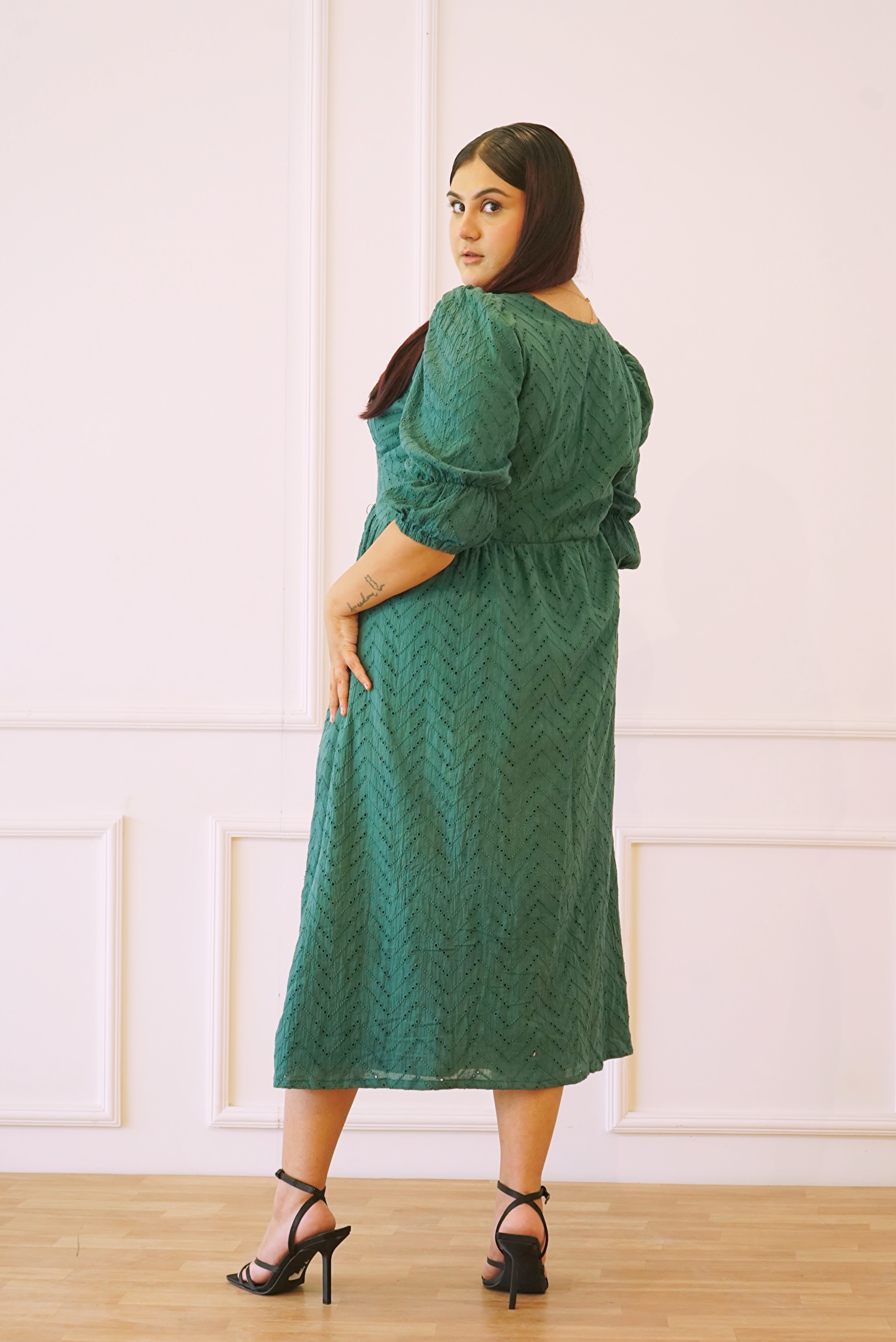 Green Shiffli front slit Dress for Women
