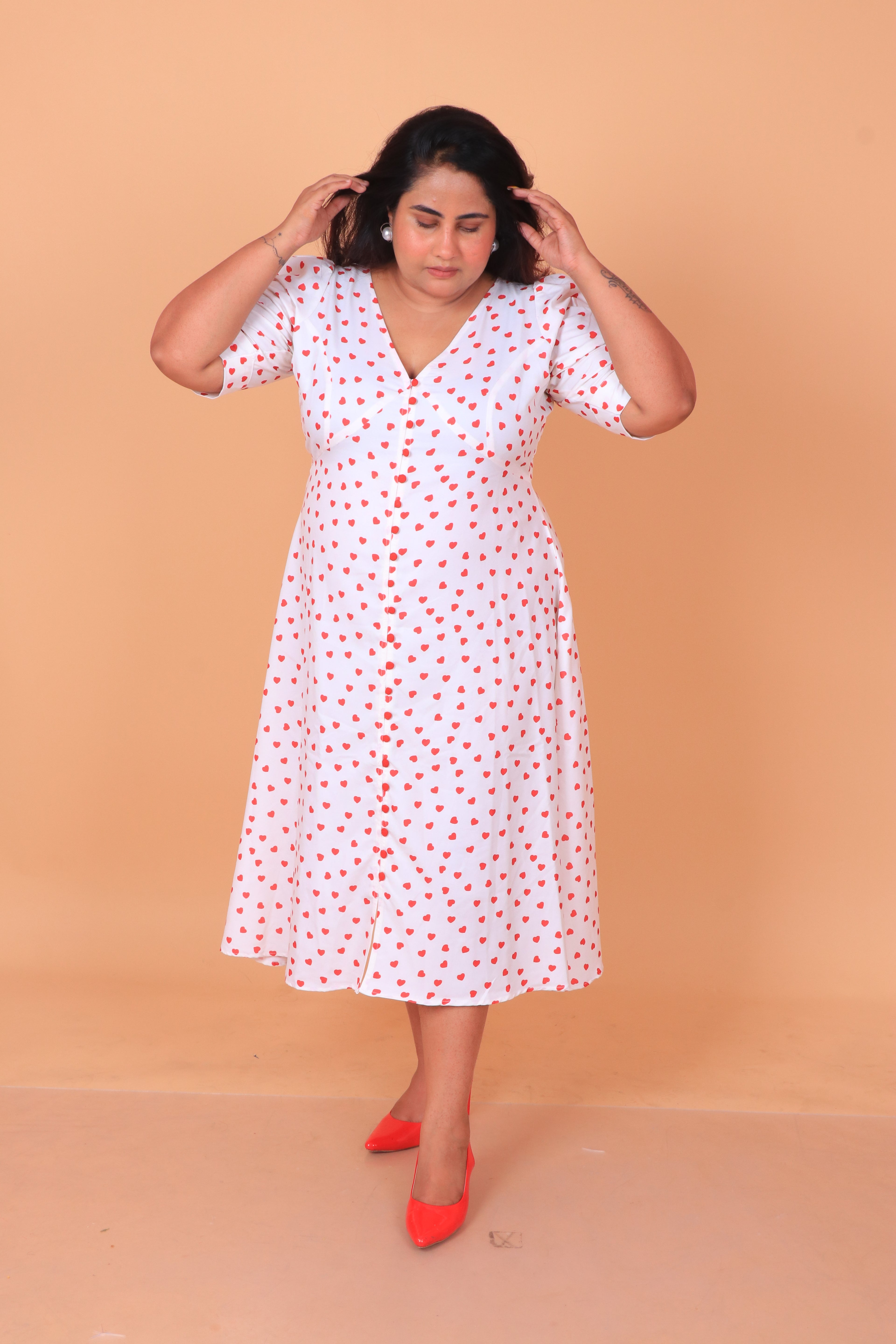 Red Heart Print Mother Dress for Women