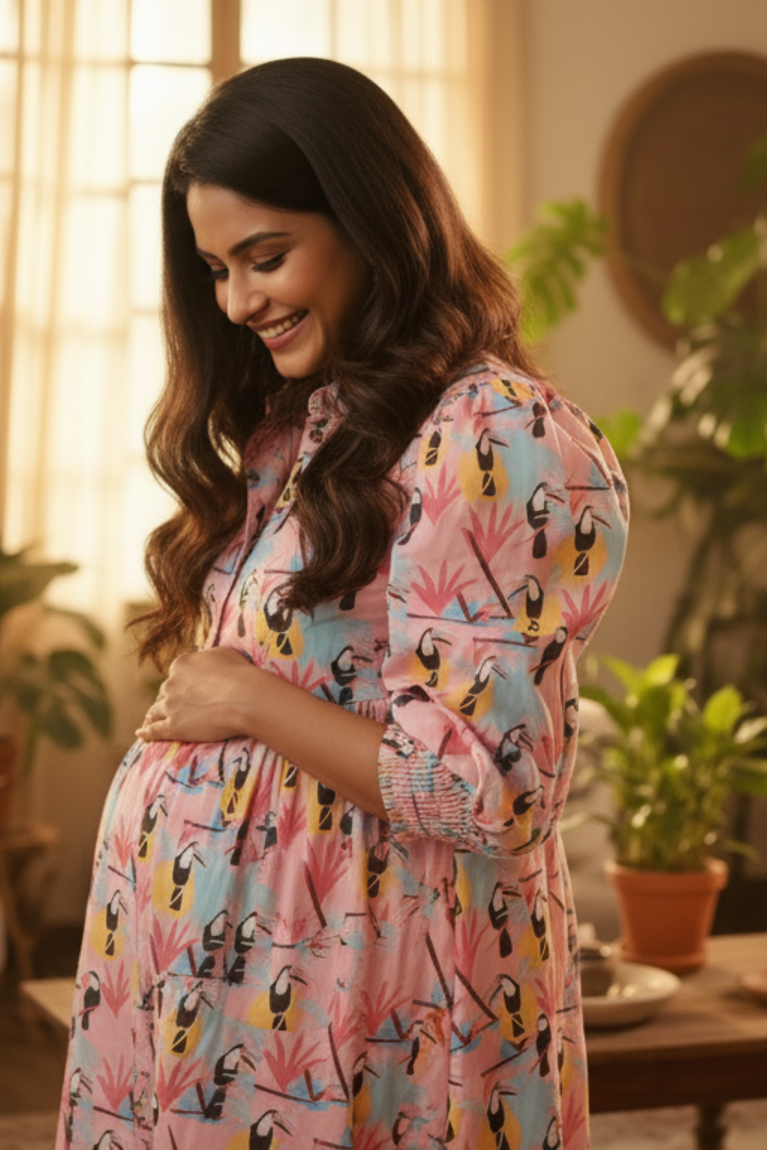 Pink Bird Print Maternity Dress