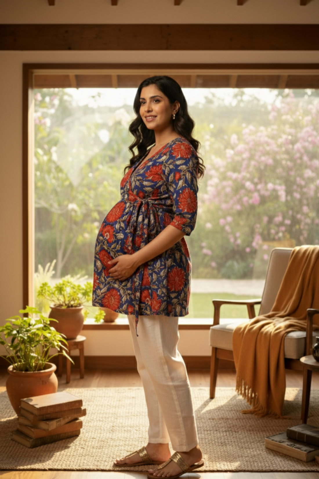 Red and Blue Floral Maternity Top