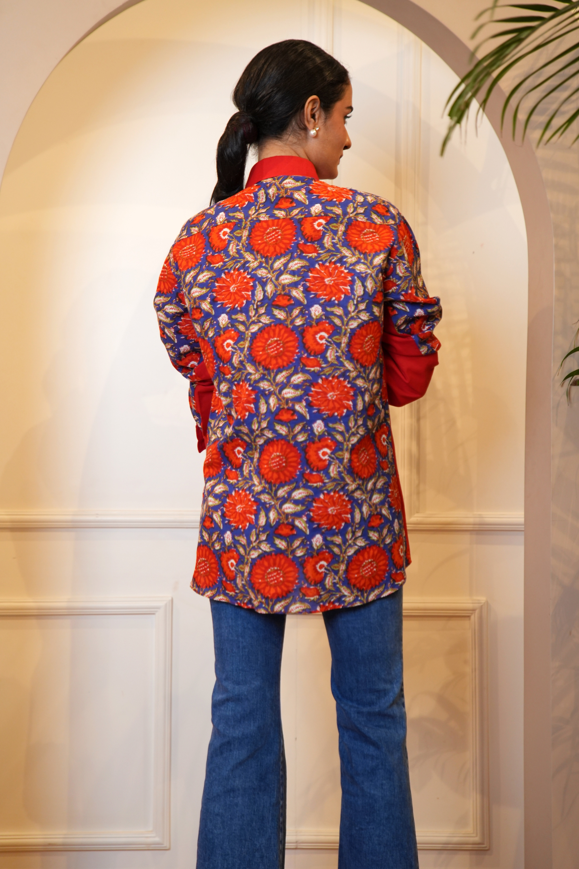 Red and Blue Floral Shirt Twinning Set
