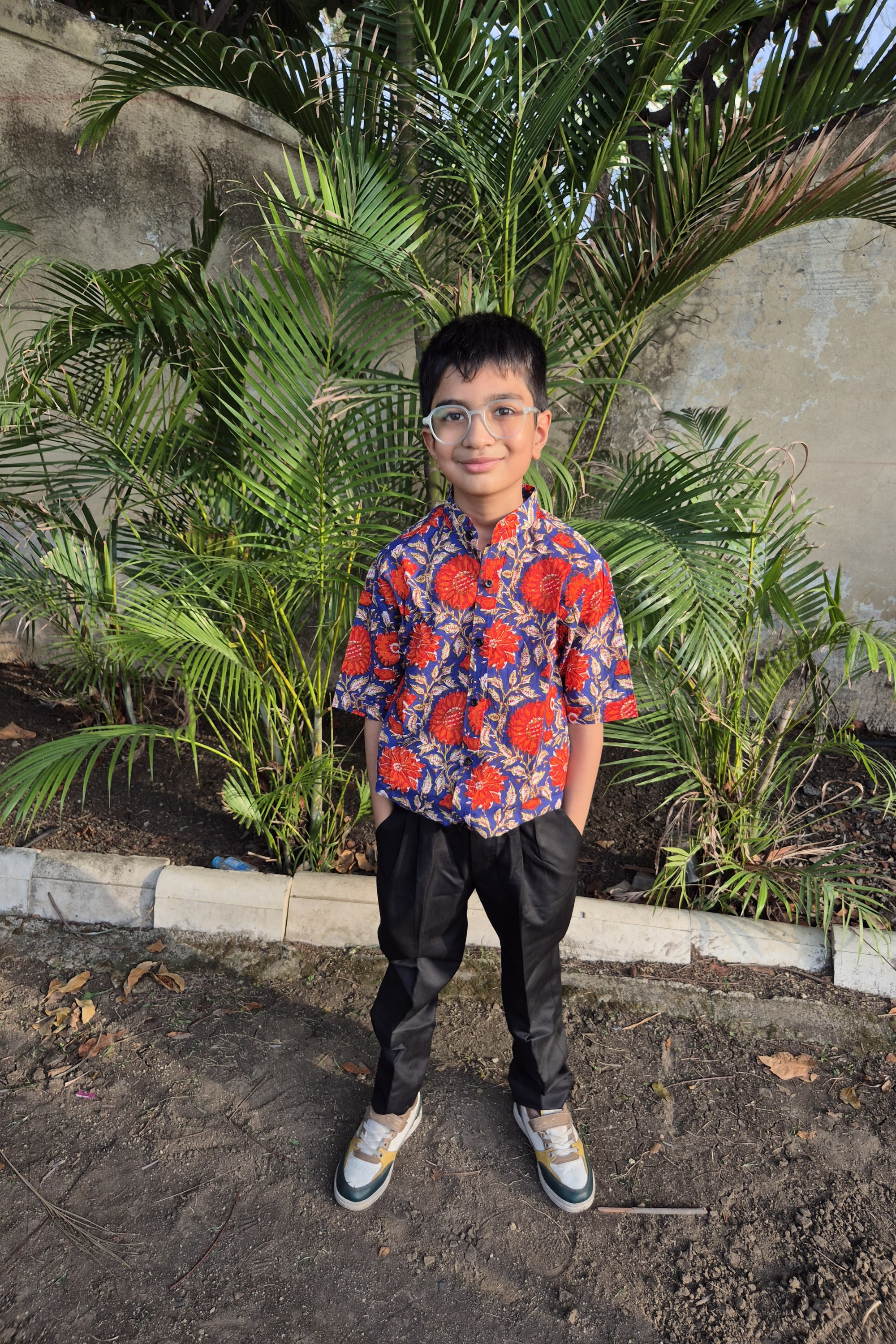Red and Blue Floral Shirt Twinning Set