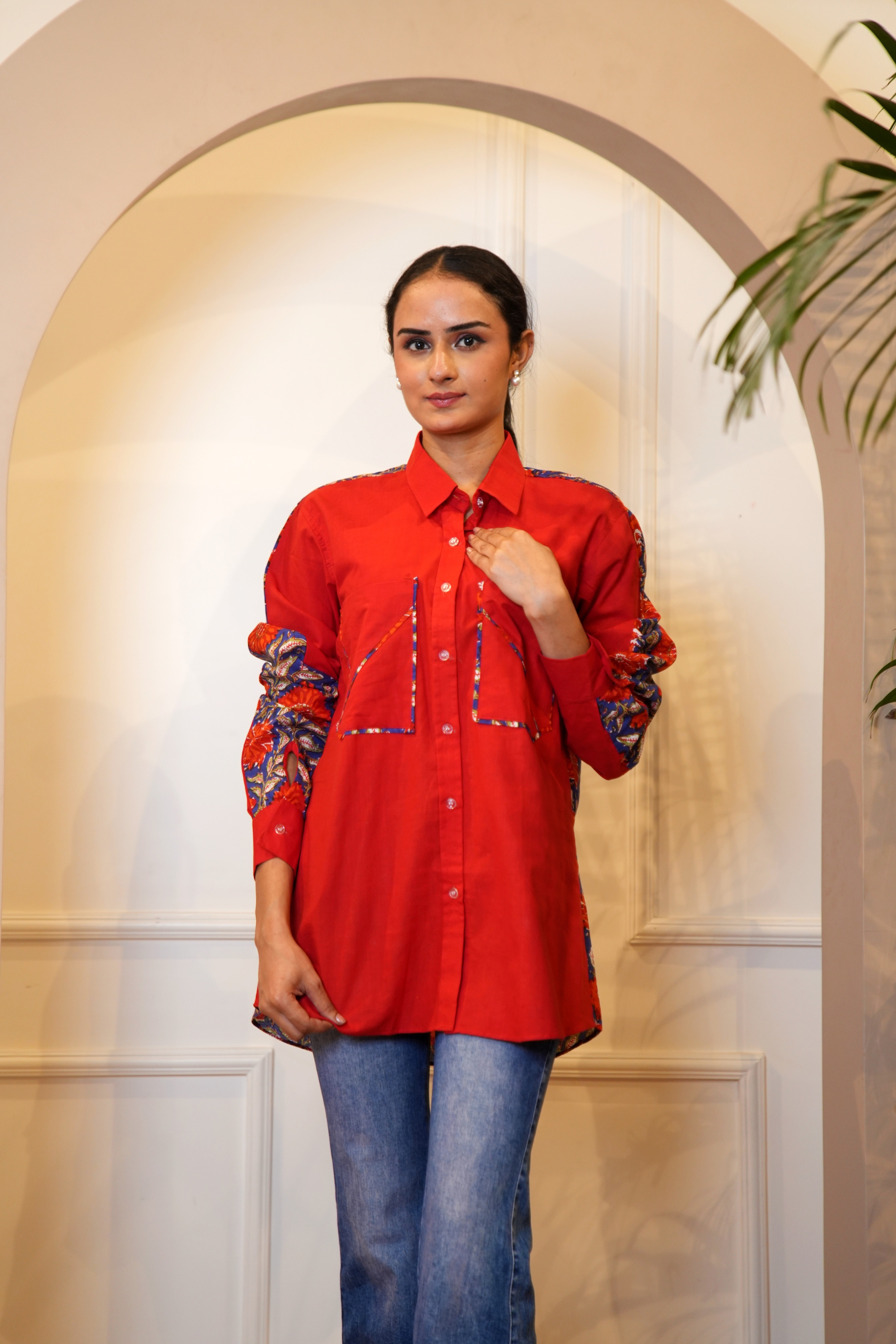 Red and Blue Floral Shirt Twinning Set