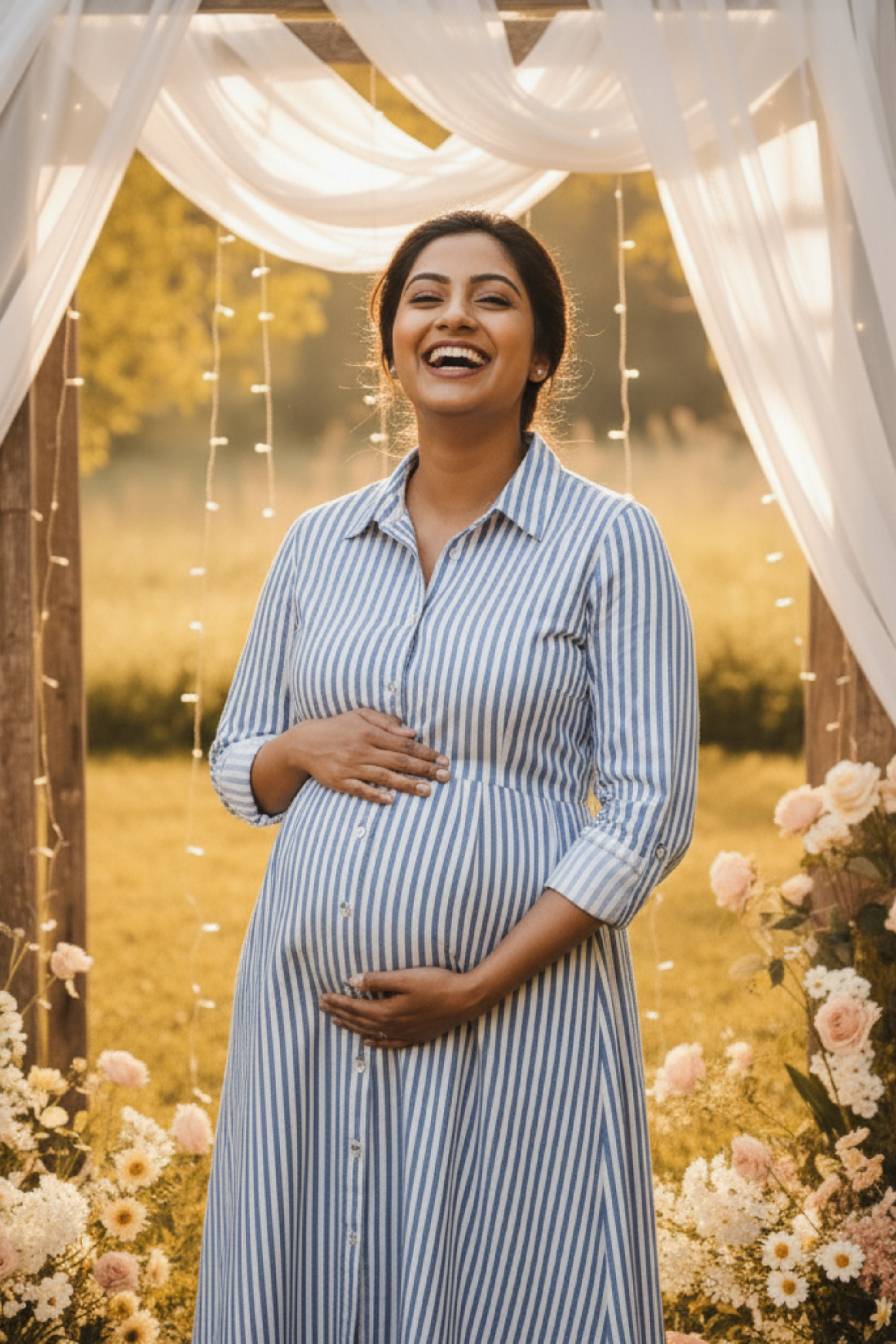 Blue and White Stripes Print Maternity Dress