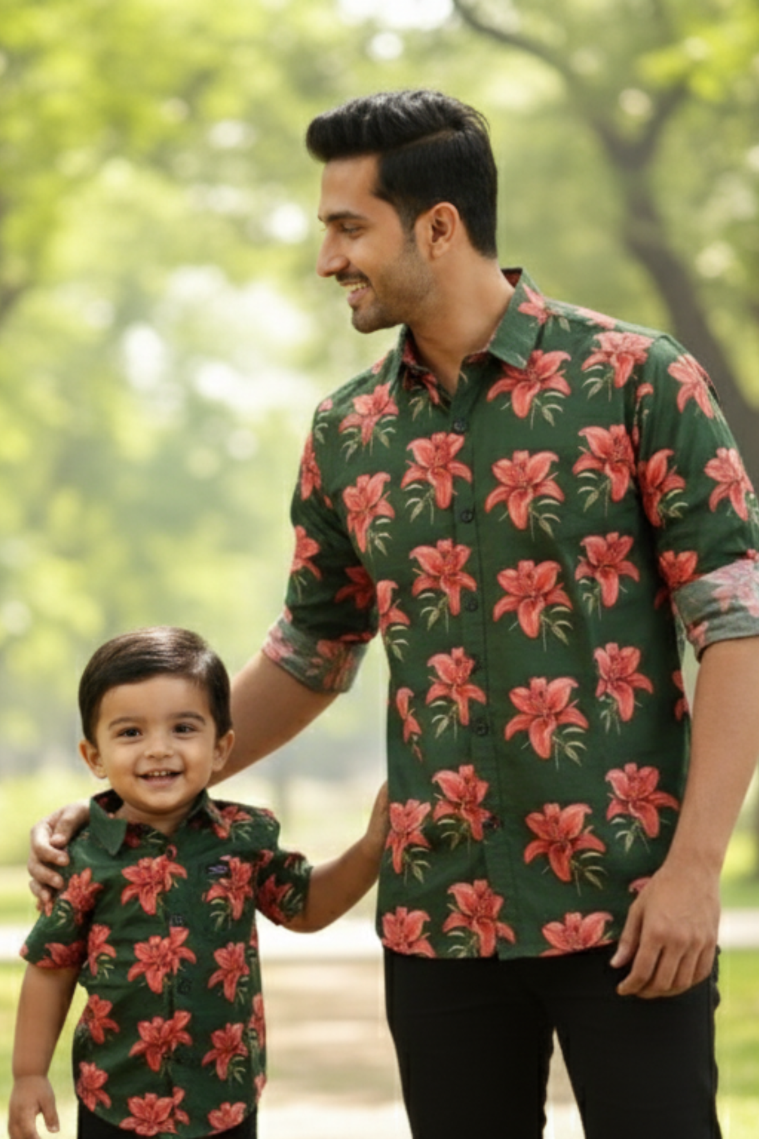 Dark Green Floral Print Father Son Twinning Set
