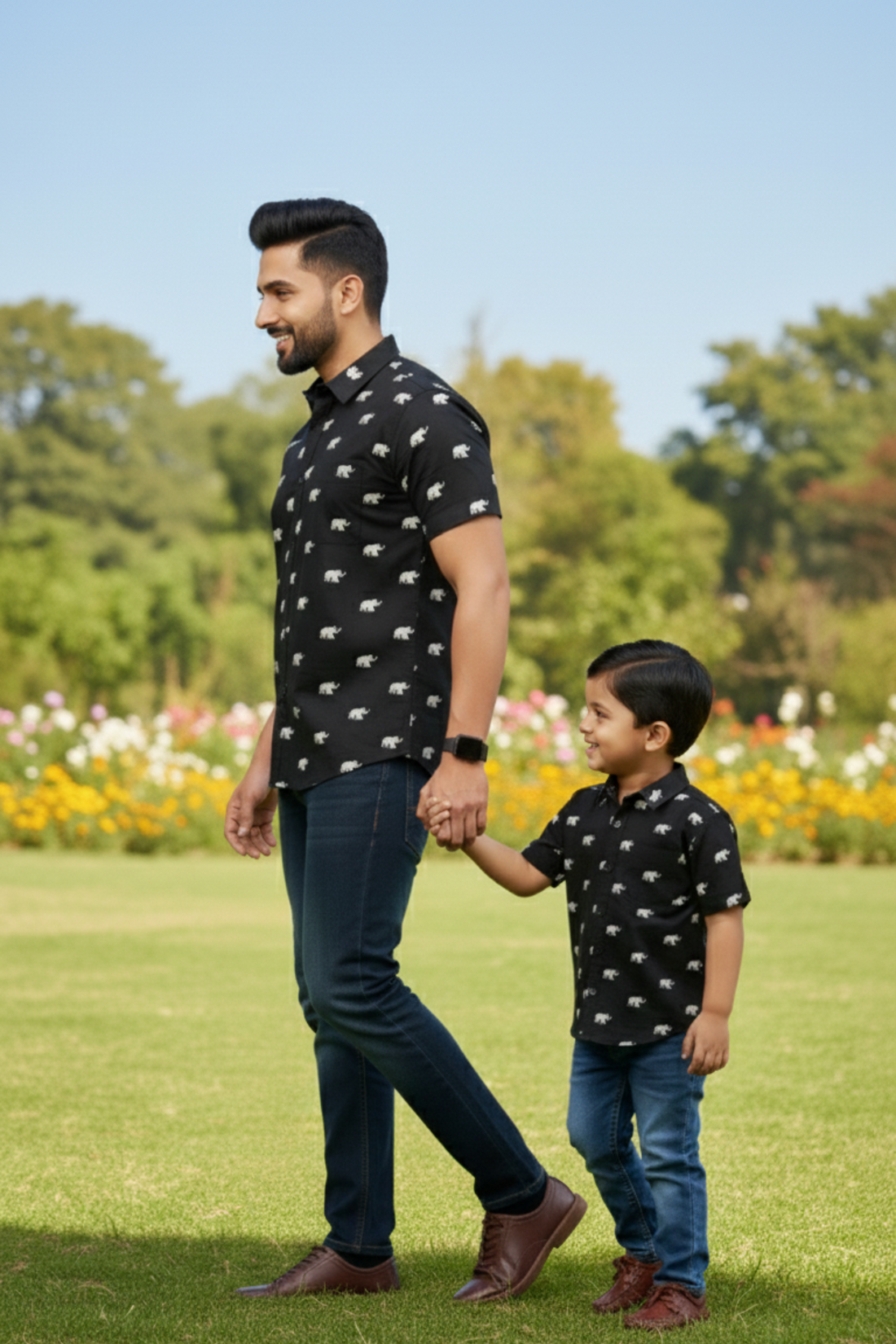 Black Elephant Print Father Son Twinning Set
