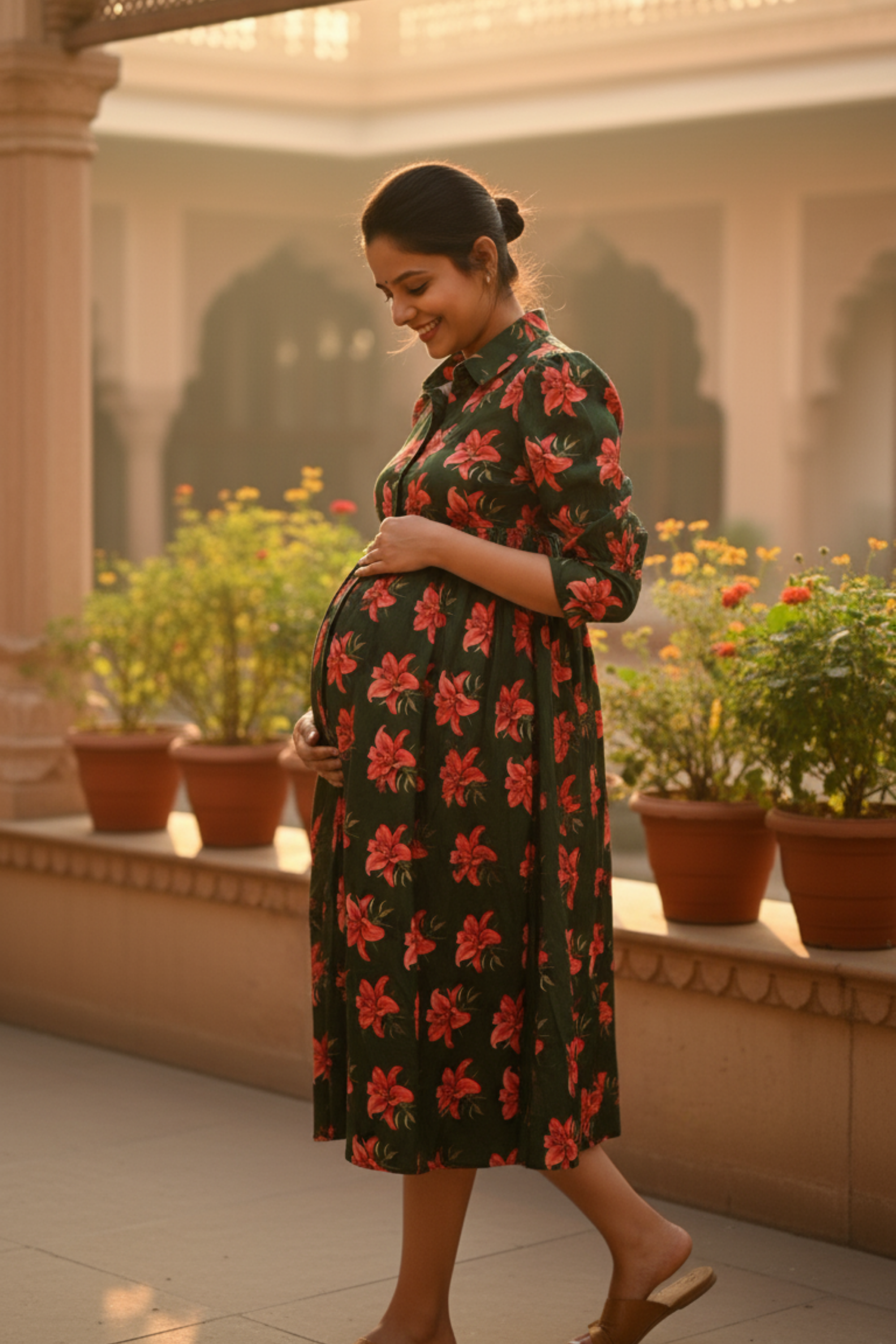 Dark Green Floral Print Maternity Dress