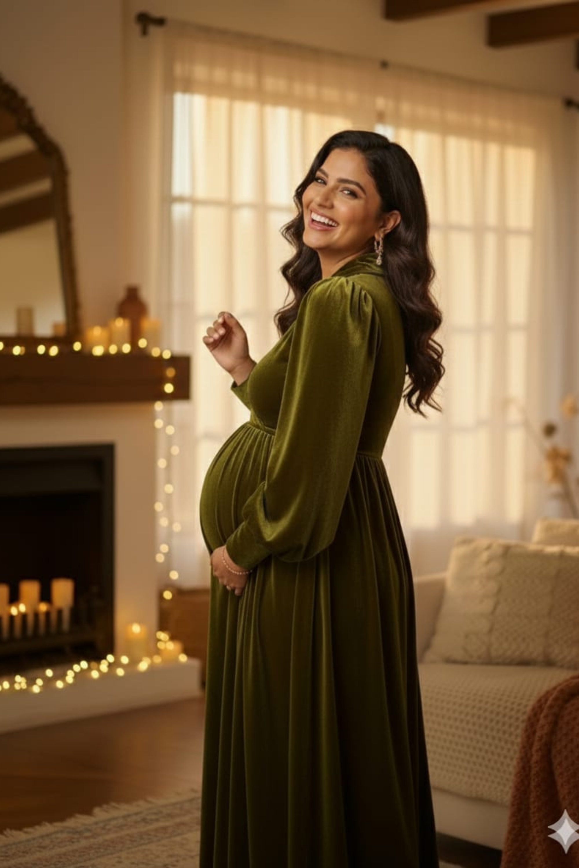 Olive Green Velvet Maternity Dress