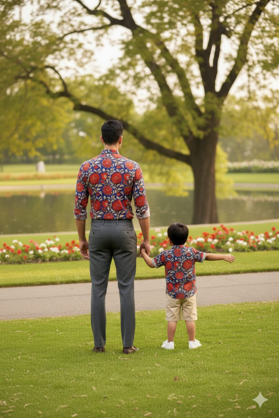 Red and Blue Floral Print Father Son Twinning Set