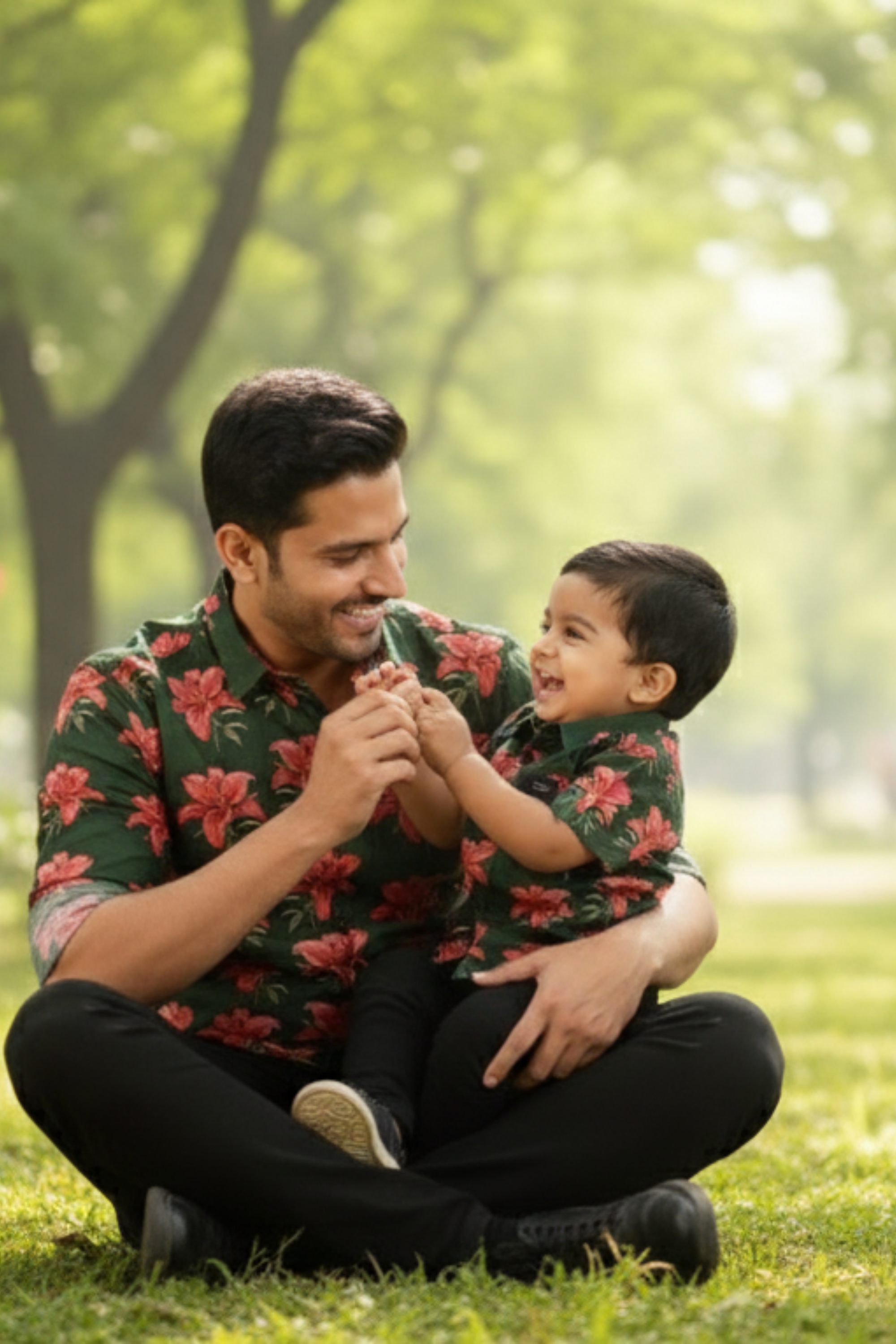Dark Green Floral Print Father Son Twinning Set