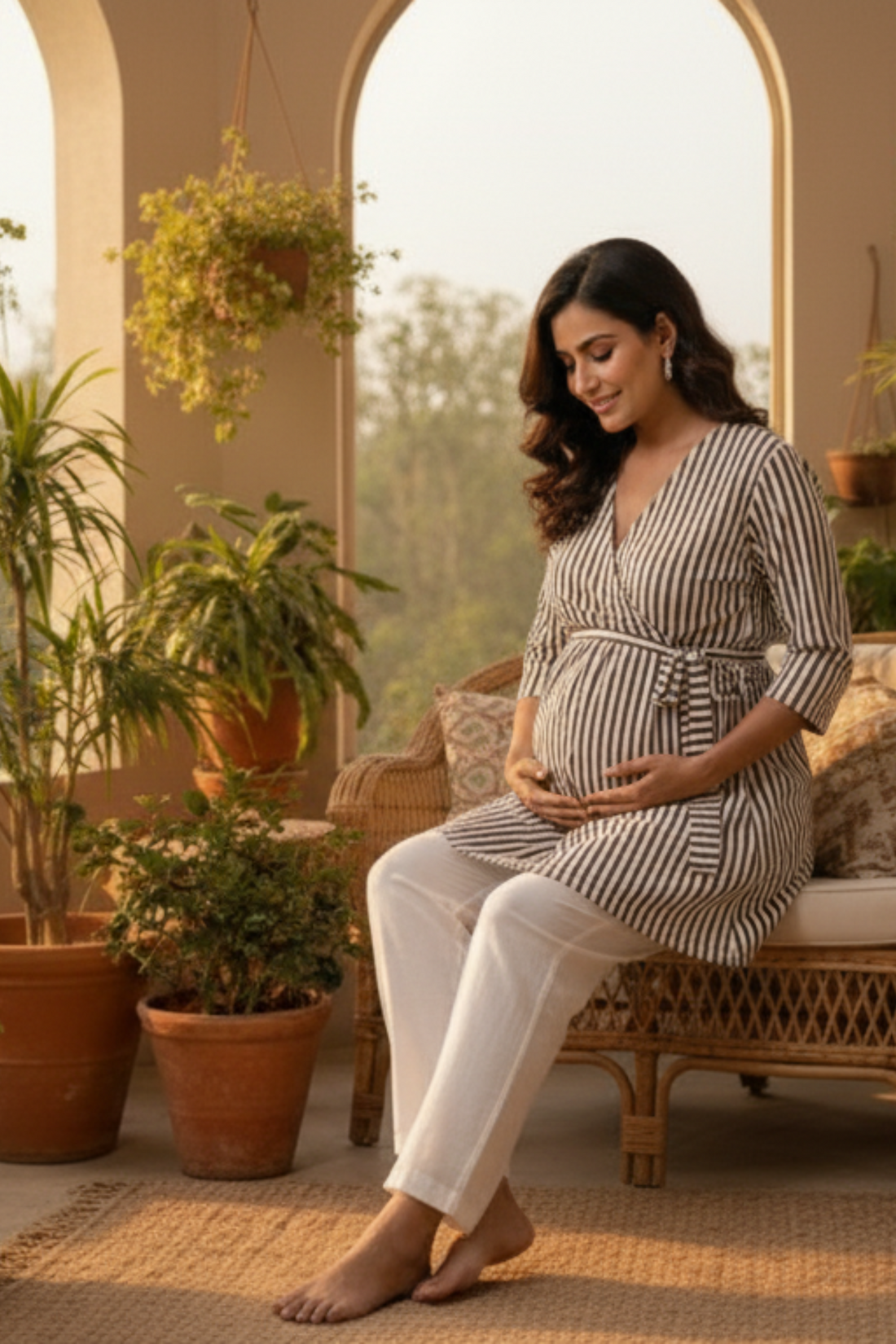 Brown and White Stripes Maternity Top
