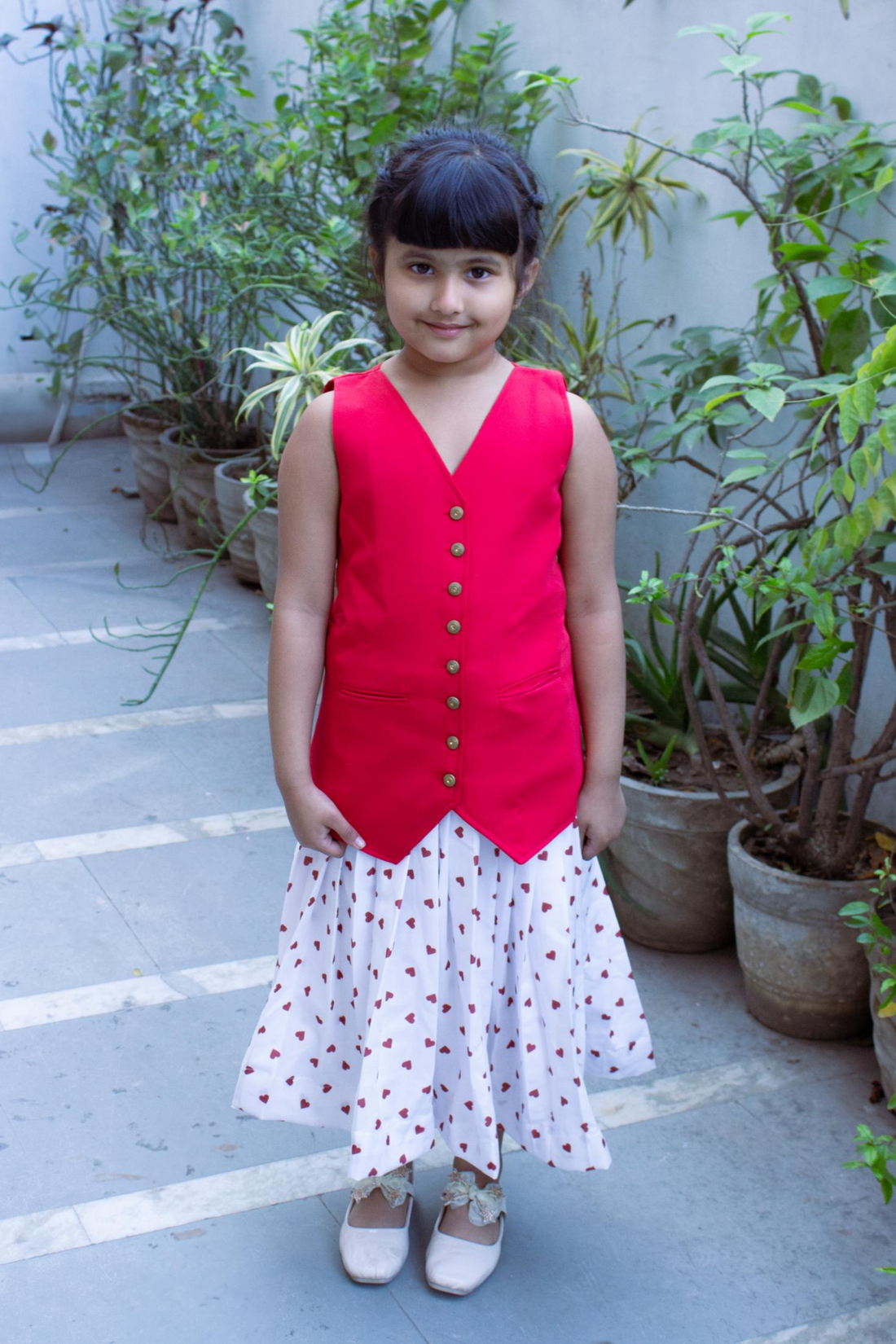 Mommy & Me Red Vest Coat Co-ords with Heart Print Pleated Skirt Twinning Set