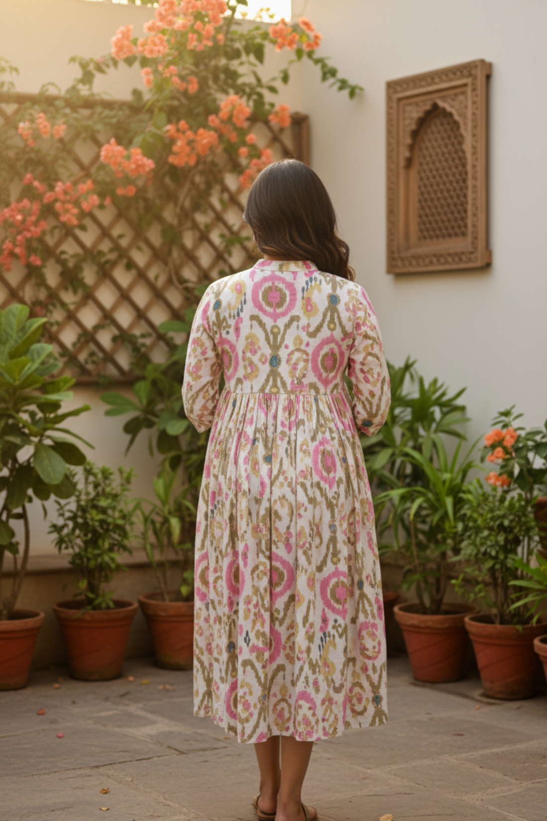 White and Pink Ikhat Print Maternity Dress